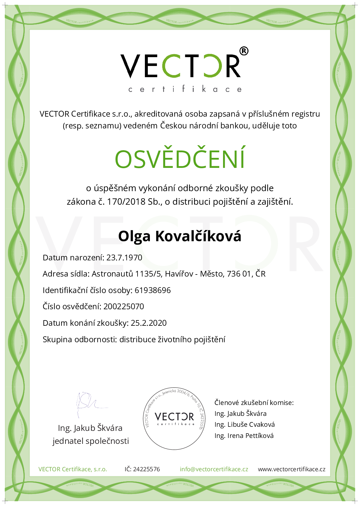 Osvědčení ze zkoušky: I. POJ-ZIV - Životní pojištění