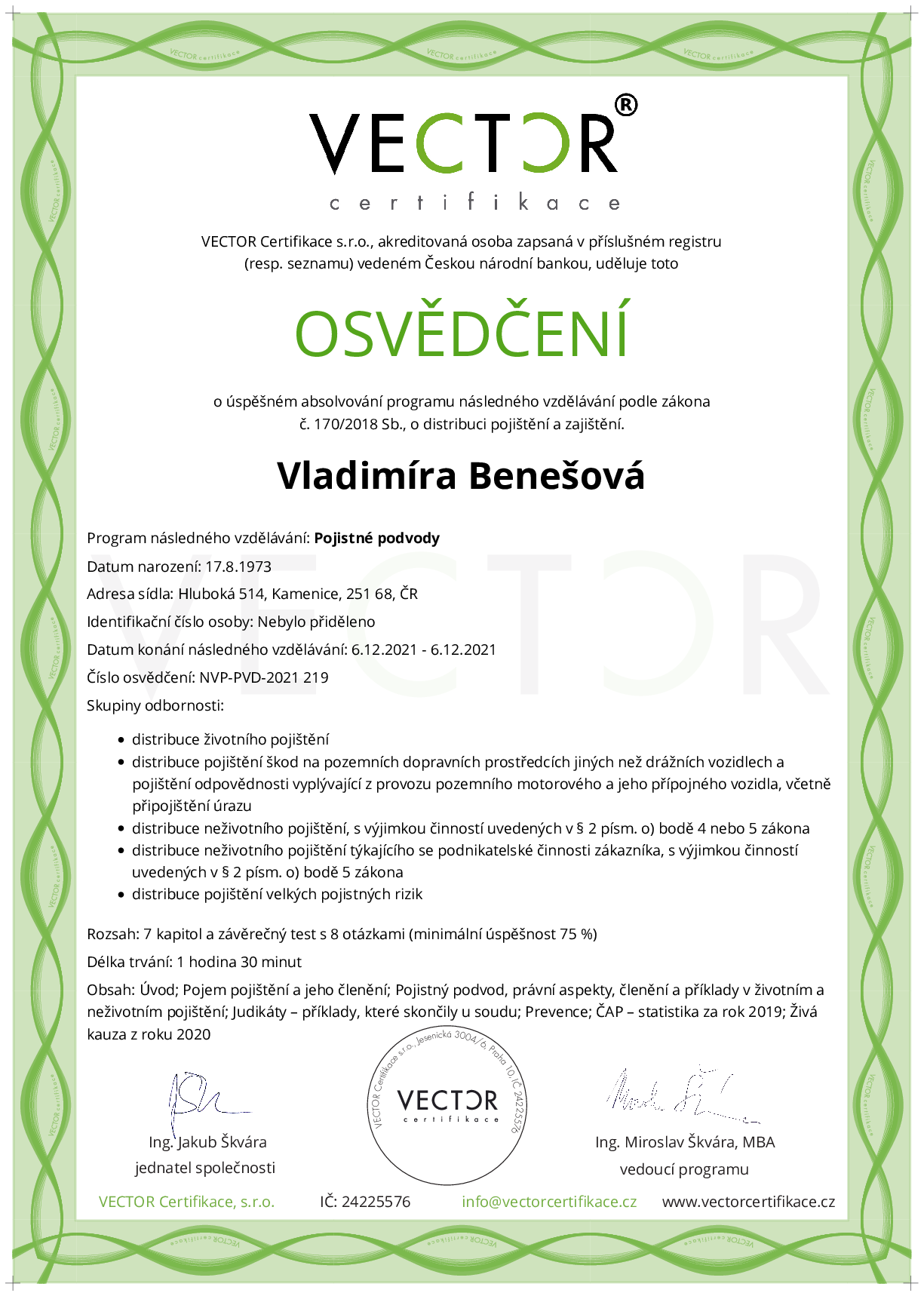 Osvědčení kurzu: Pojistné podvody (NVP-PVD-2021)