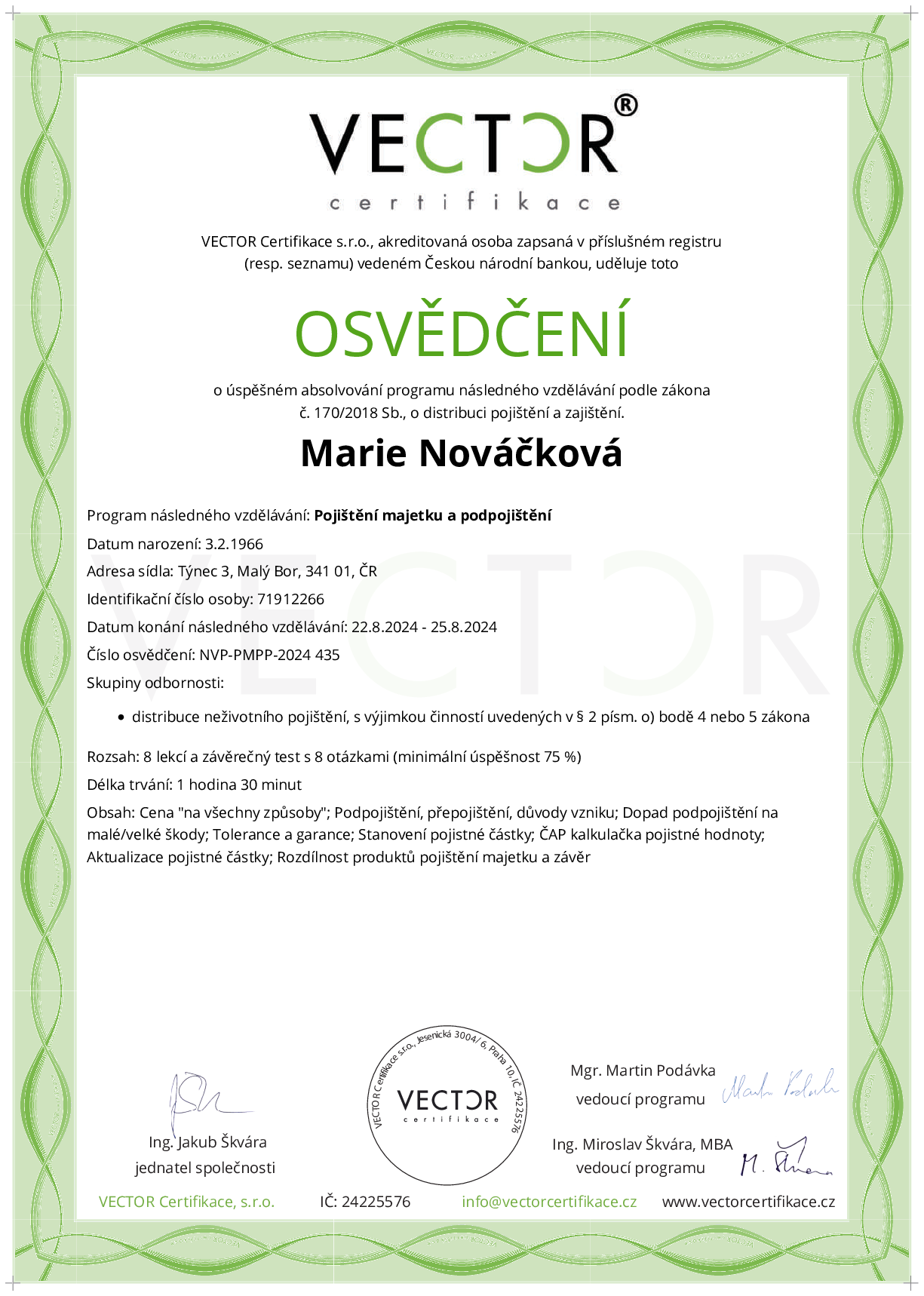 Osvědčení kurzu: Pojištění majetku a podpojištění (NVP-PMPP-2024)