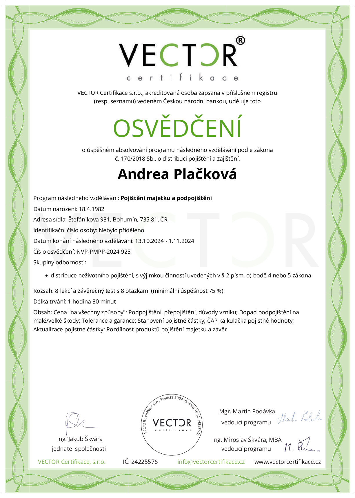 Osvědčení kurzu: Pojištění majetku a podpojištění (NVP-PMPP-2024)