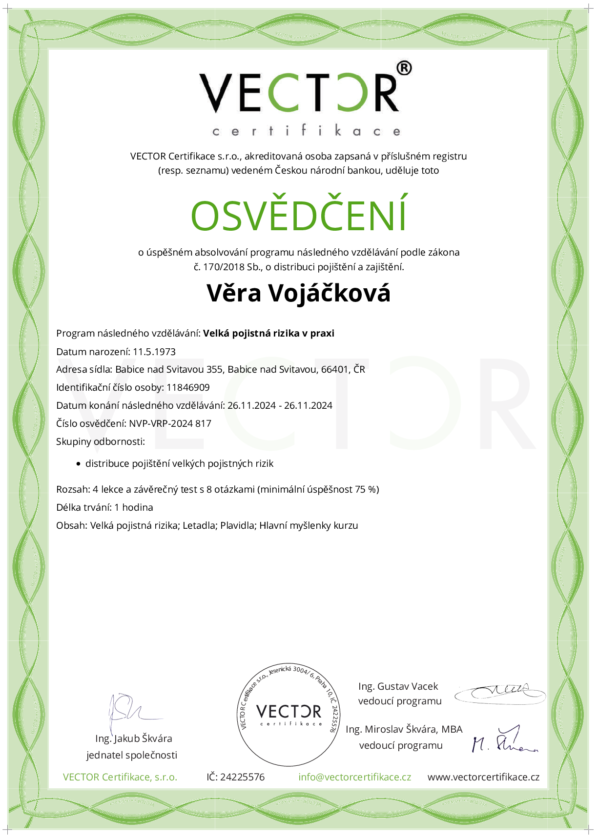 Osvědčení kurzu: Velká pojistná rizika v praxi (NVP-VRP-2024)