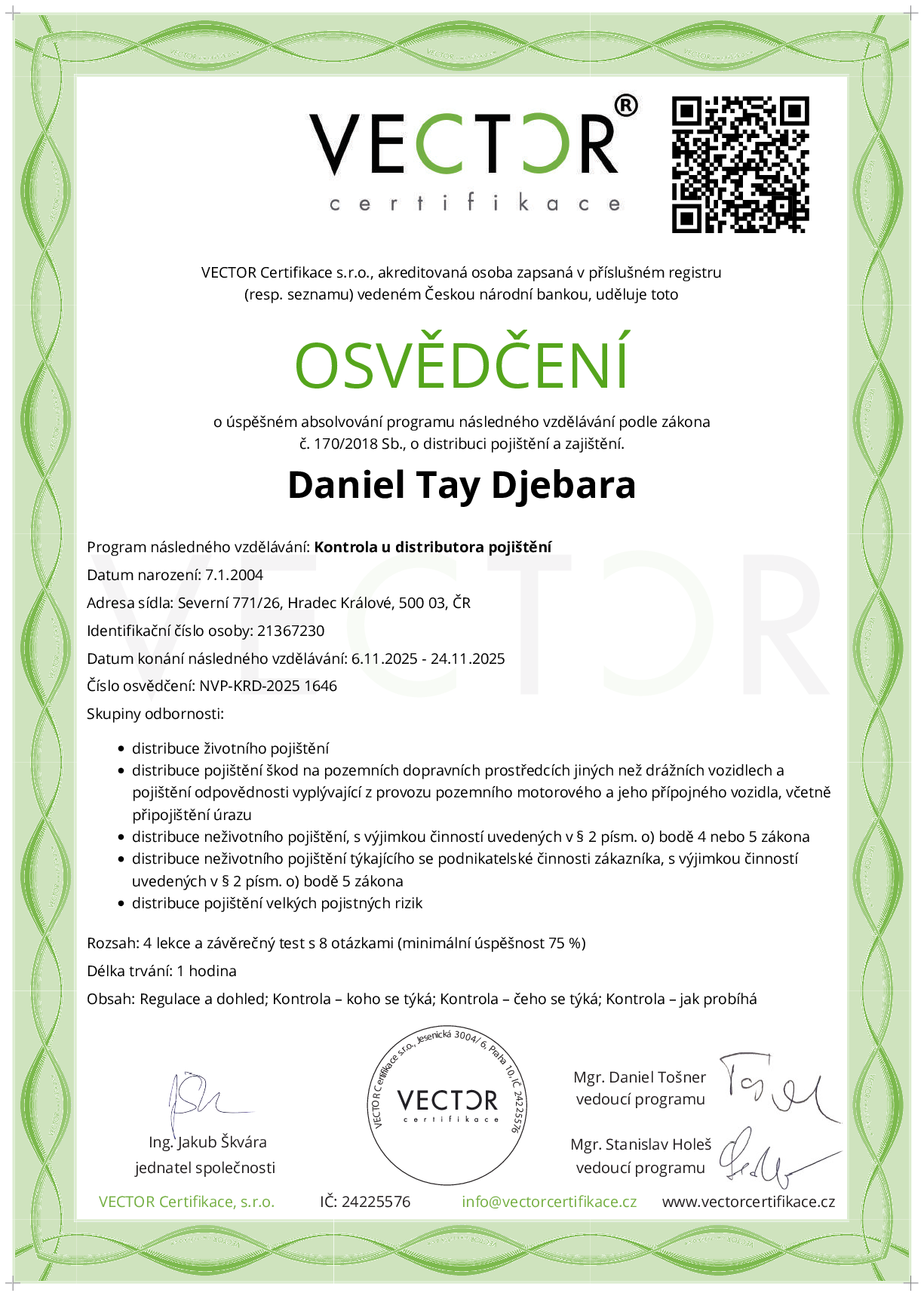 Osvědčení kurzu: Kontrola u distributora pojištění (NVP-KRD-2025)