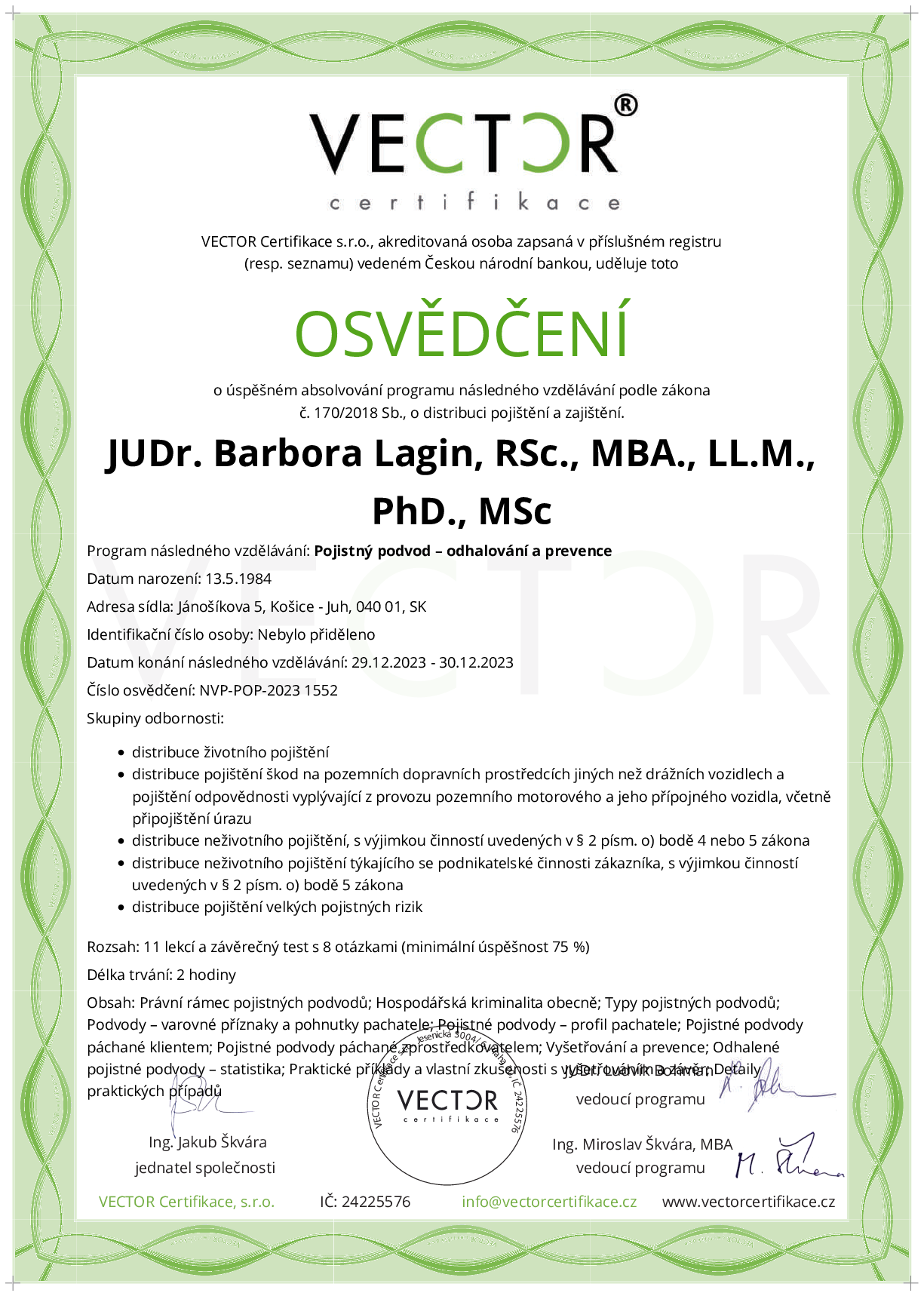 Osvědčení kurzu: Pojistný podvod – odhalování a prevence (NVP-POP-2023)