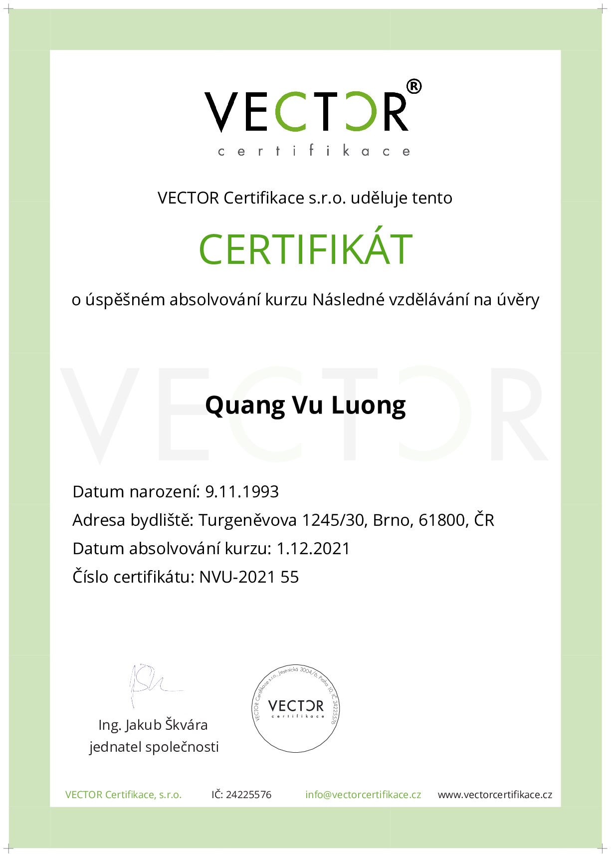 Osvědčení kurzu: Následné vzdělávání na úvěry (NVU-2021)
