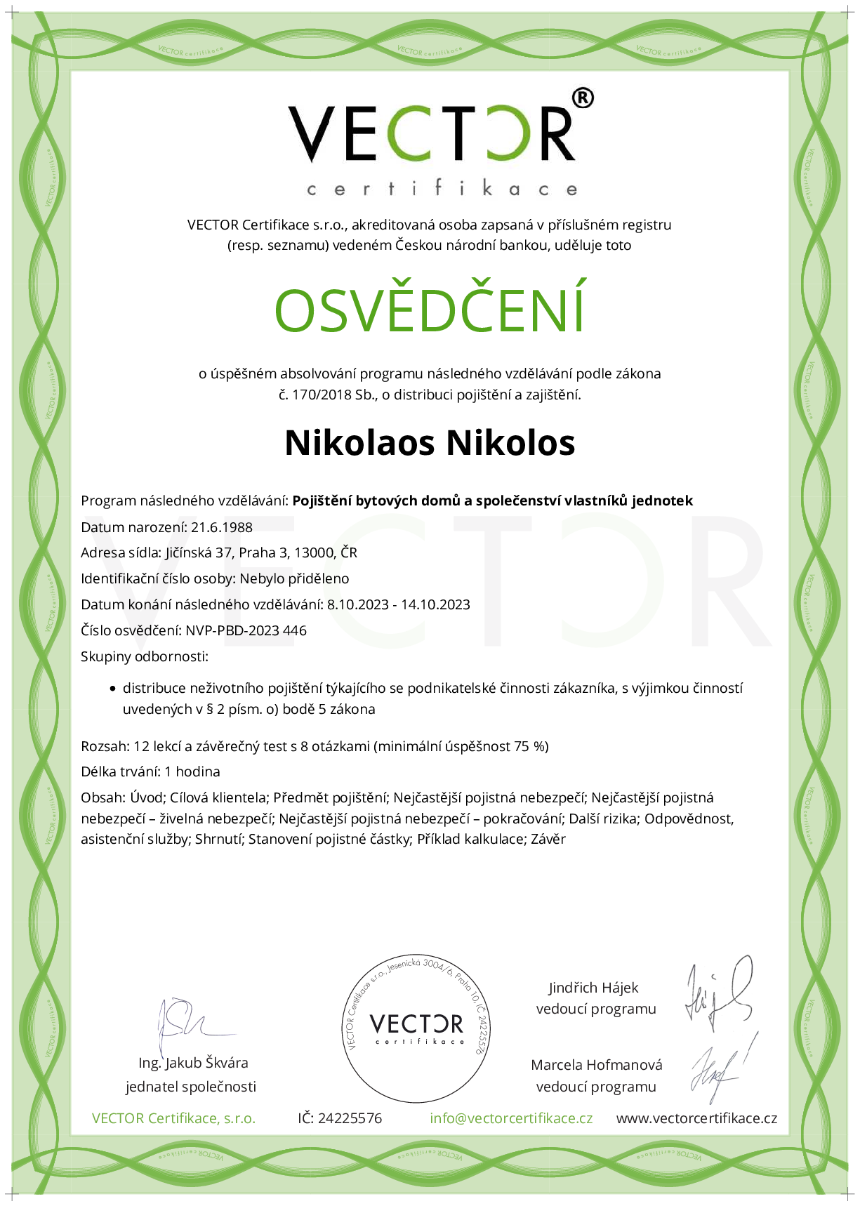 Osvědčení kurzu: Pojištění bytových domů a společenství vlastníků jednotek (NVP-PBD-2023)