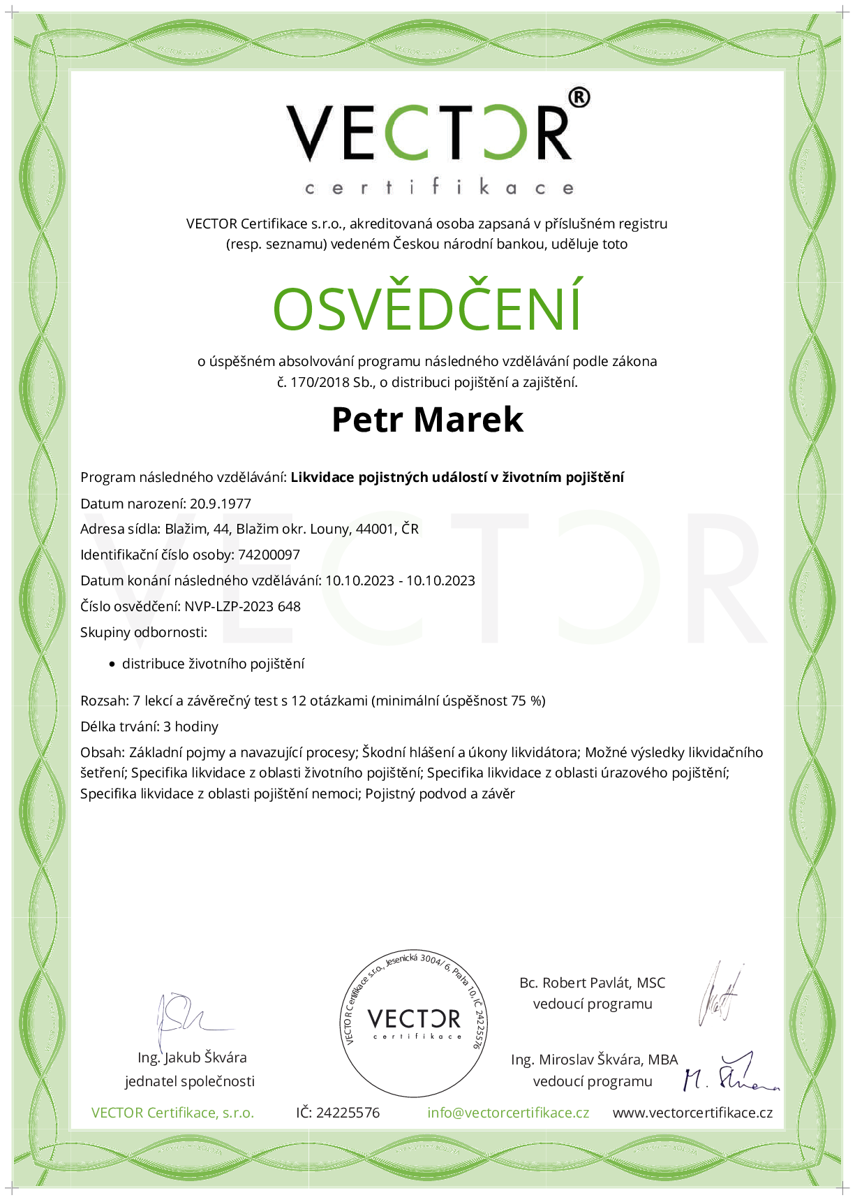 Osvědčení kurzu: Likvidace pojistných událostí v životním pojištění (NVP-LZP-2023)