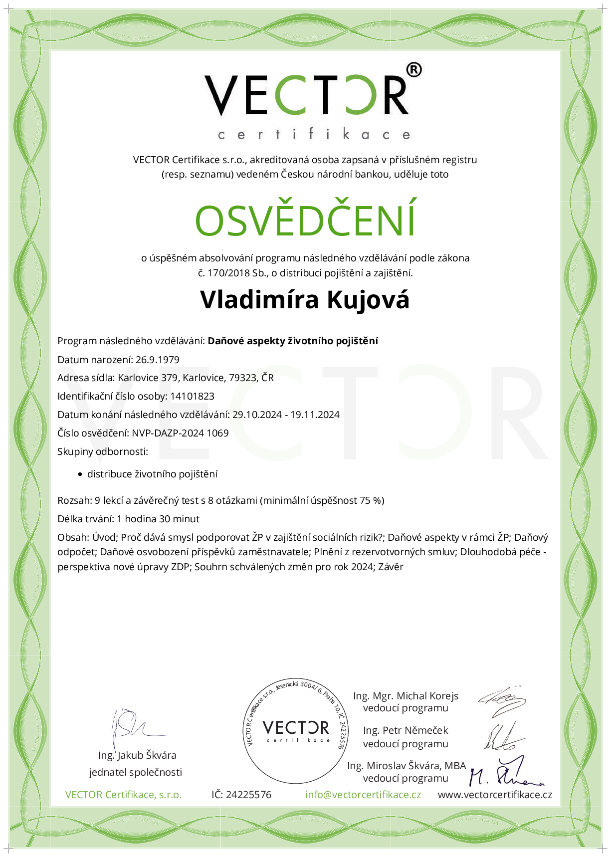 Osvědčení kurzu: Daňové aspekty životního pojištění (NVP-DAZP-2024)