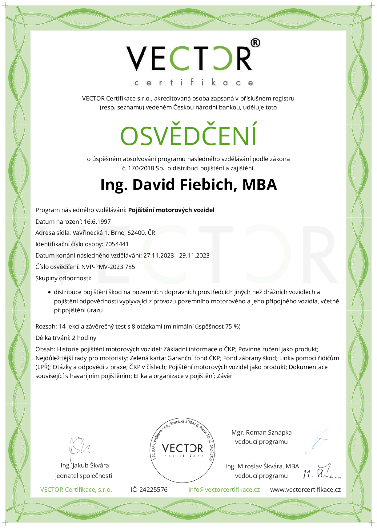 Osvědčení kurzu: Pojištění motorových vozidel (NVP-PMV-2023)