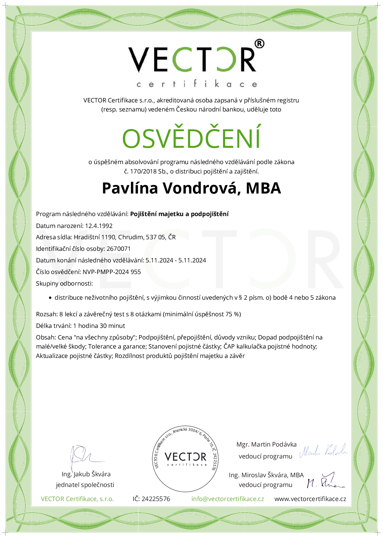 Osvědčení kurzu: Pojištění majetku a podpojištění (NVP-PMPP-2024)