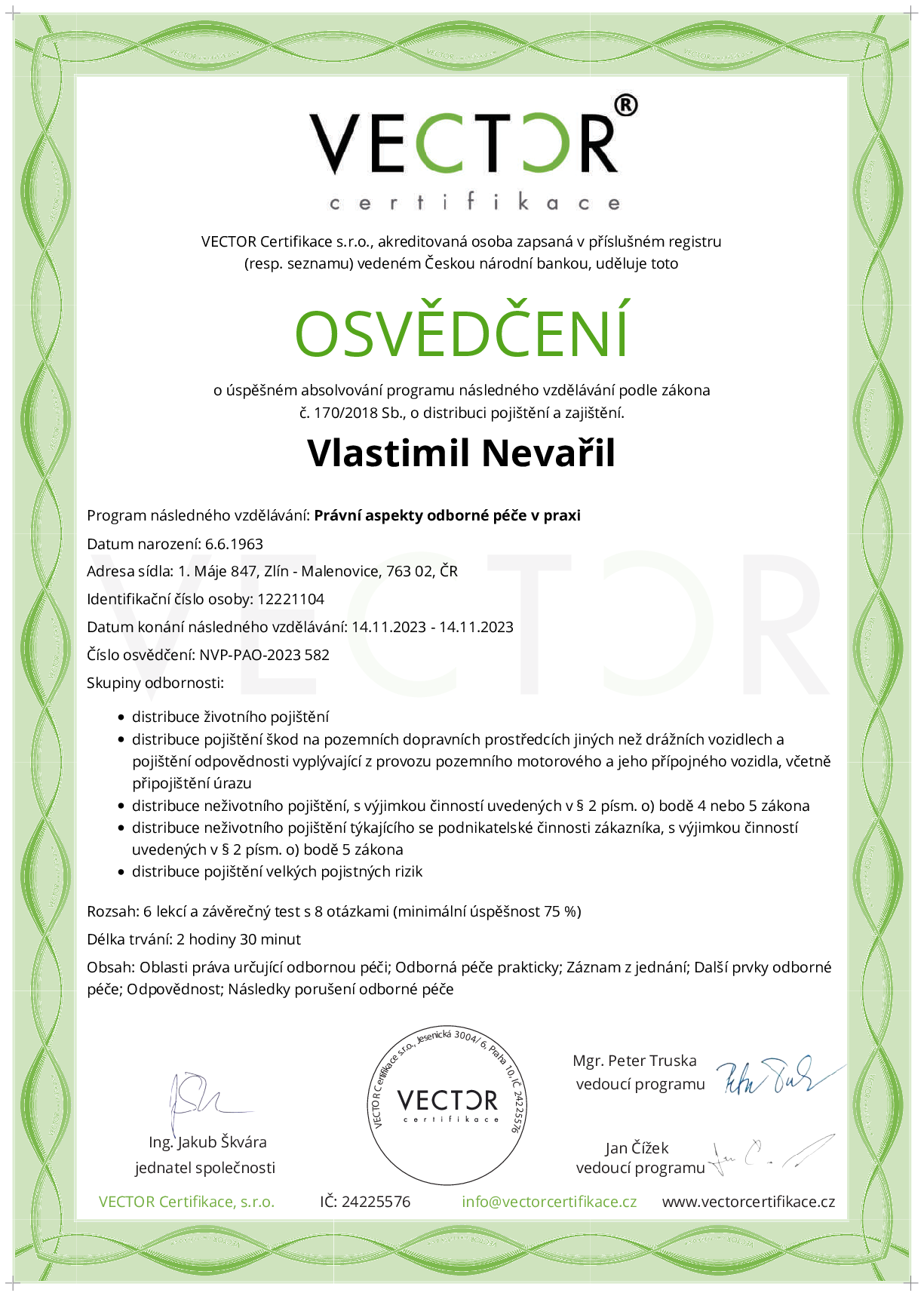 Osvědčení kurzu: Právní aspekty odborné péče v praxi (NVP-PAO-2023)