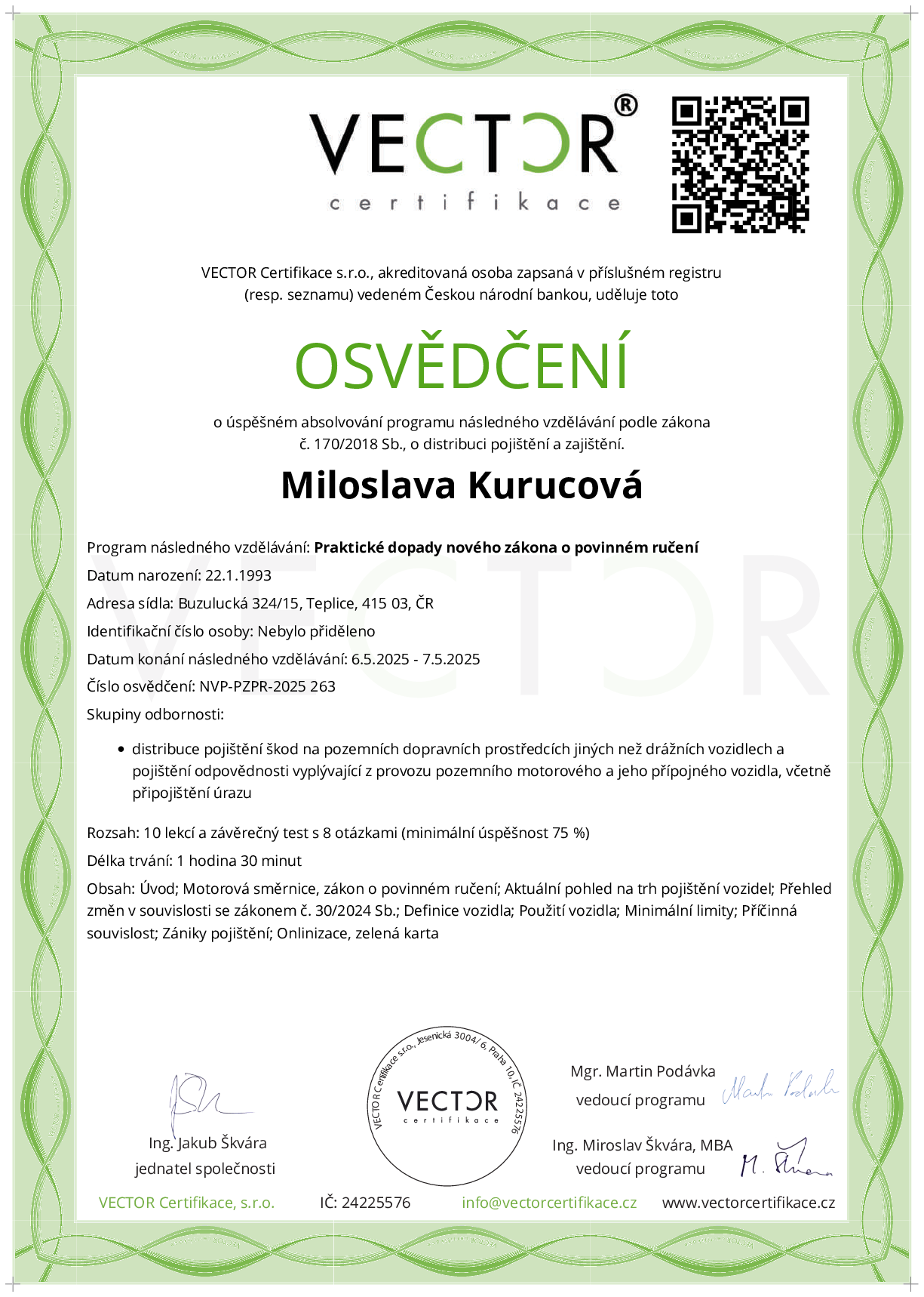 Osvědčení kurzu: Praktické dopady nového zákona o povinném ručení (NVP-PZPR-2025)