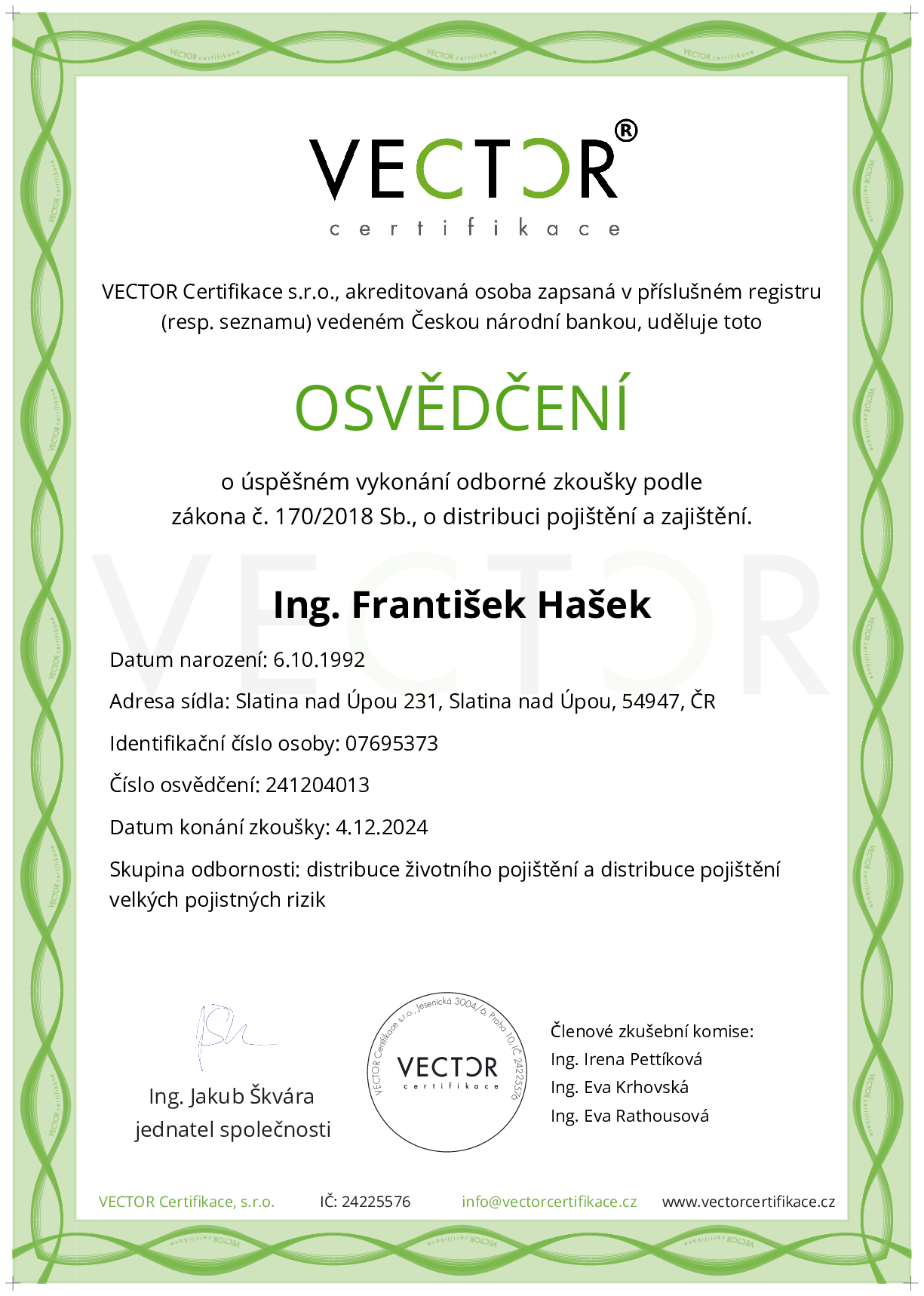 Osvědčení ze zkoušky: IX. POJ-ABC - Souhrnná zkouška na pojištění