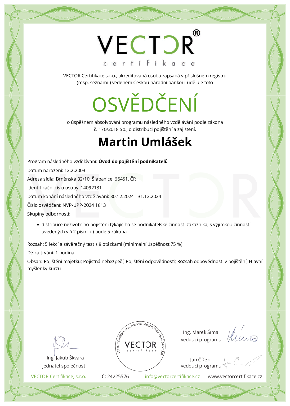 Osvědčení kurzu: Úvod do pojištění podnikatelů (NVP-UPP-2024)