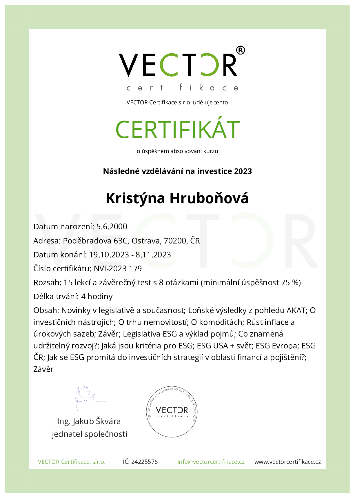 Osvědčení kurzu: Následné vzdělávání na investice 2023 (NVI-2023)