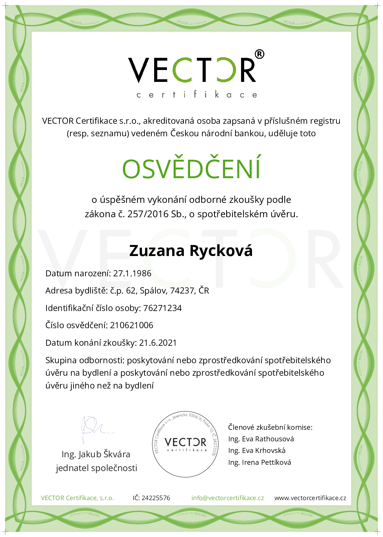 Osvědčení ze zkoušky: IV. ZSU-ABC - Souhrnná zkouška na úvěry