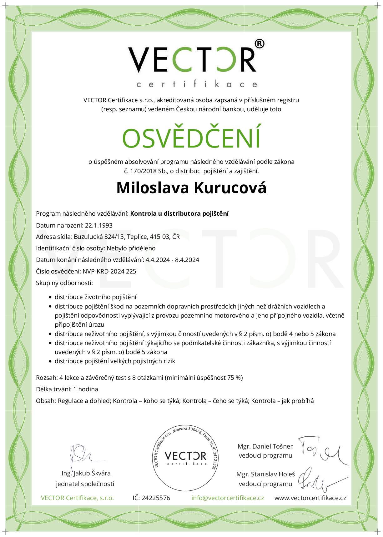 Osvědčení kurzu: Kontrola u distributora pojištění (NVP-KRD-2024)