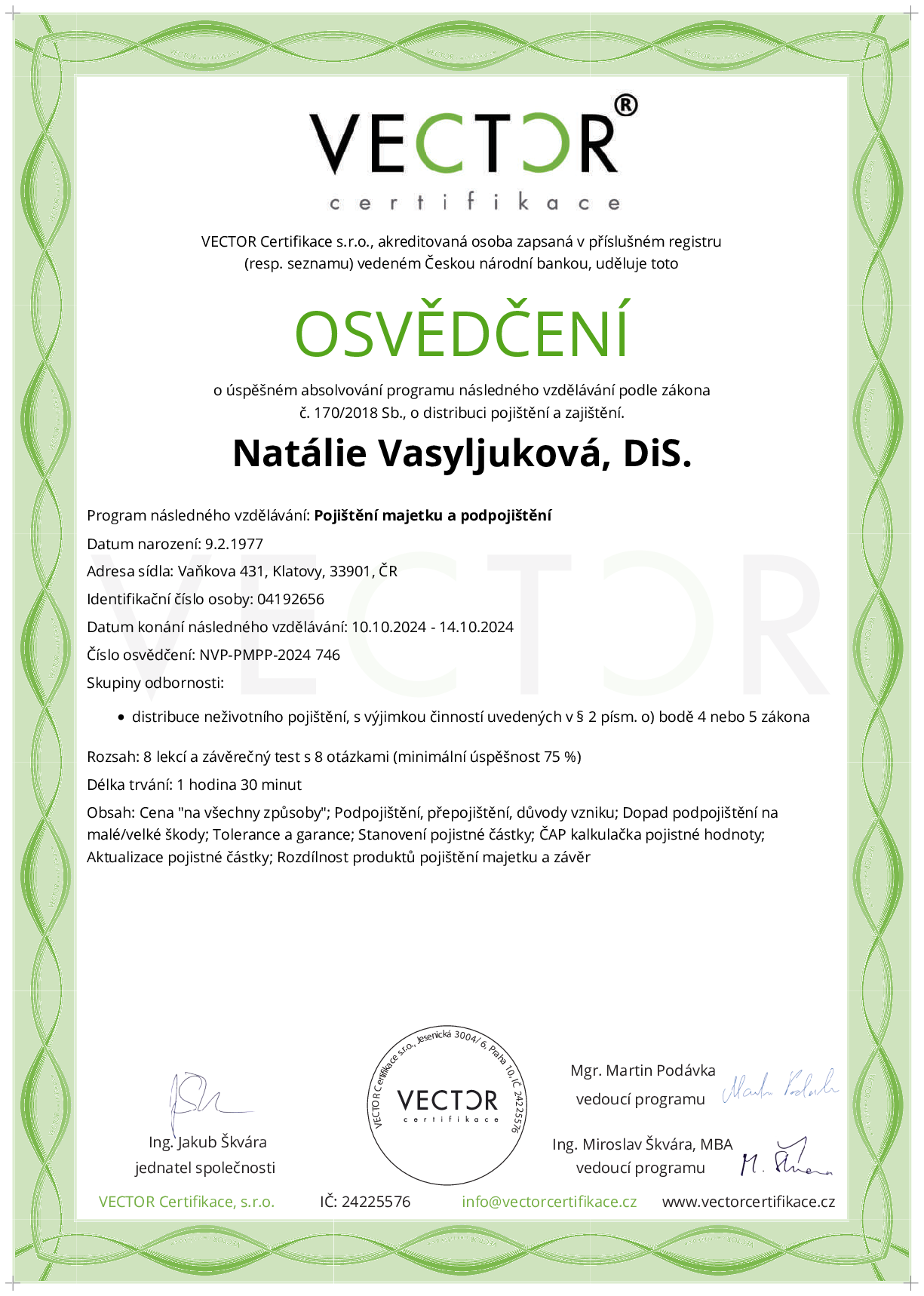 Osvědčení kurzu: Pojištění majetku a podpojištění (NVP-PMPP-2024)