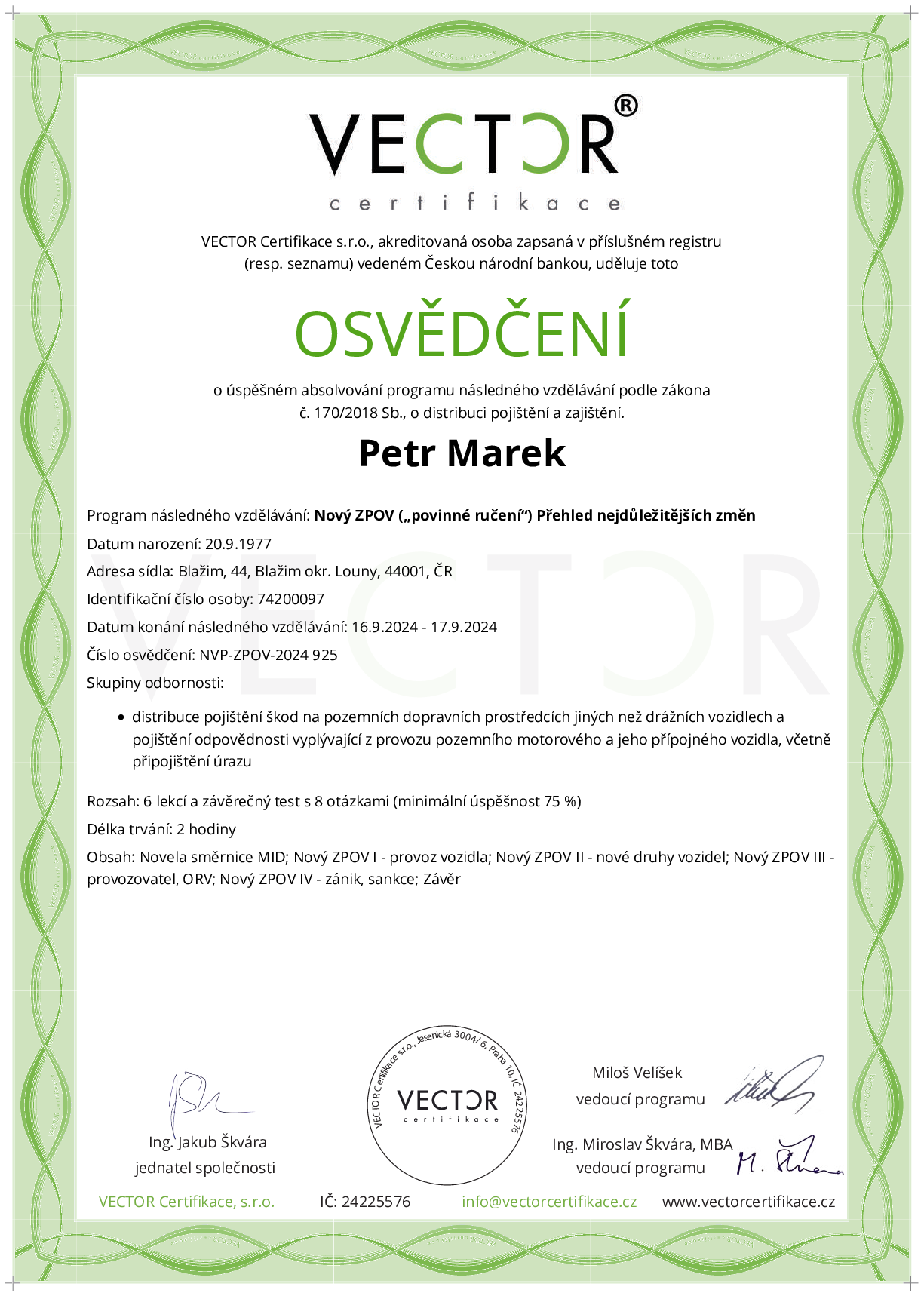 Osvědčení kurzu: Nový ZPOV („povinné ručení“) Přehled nejdůležitějších změn (NVP-ZPOV-2024)