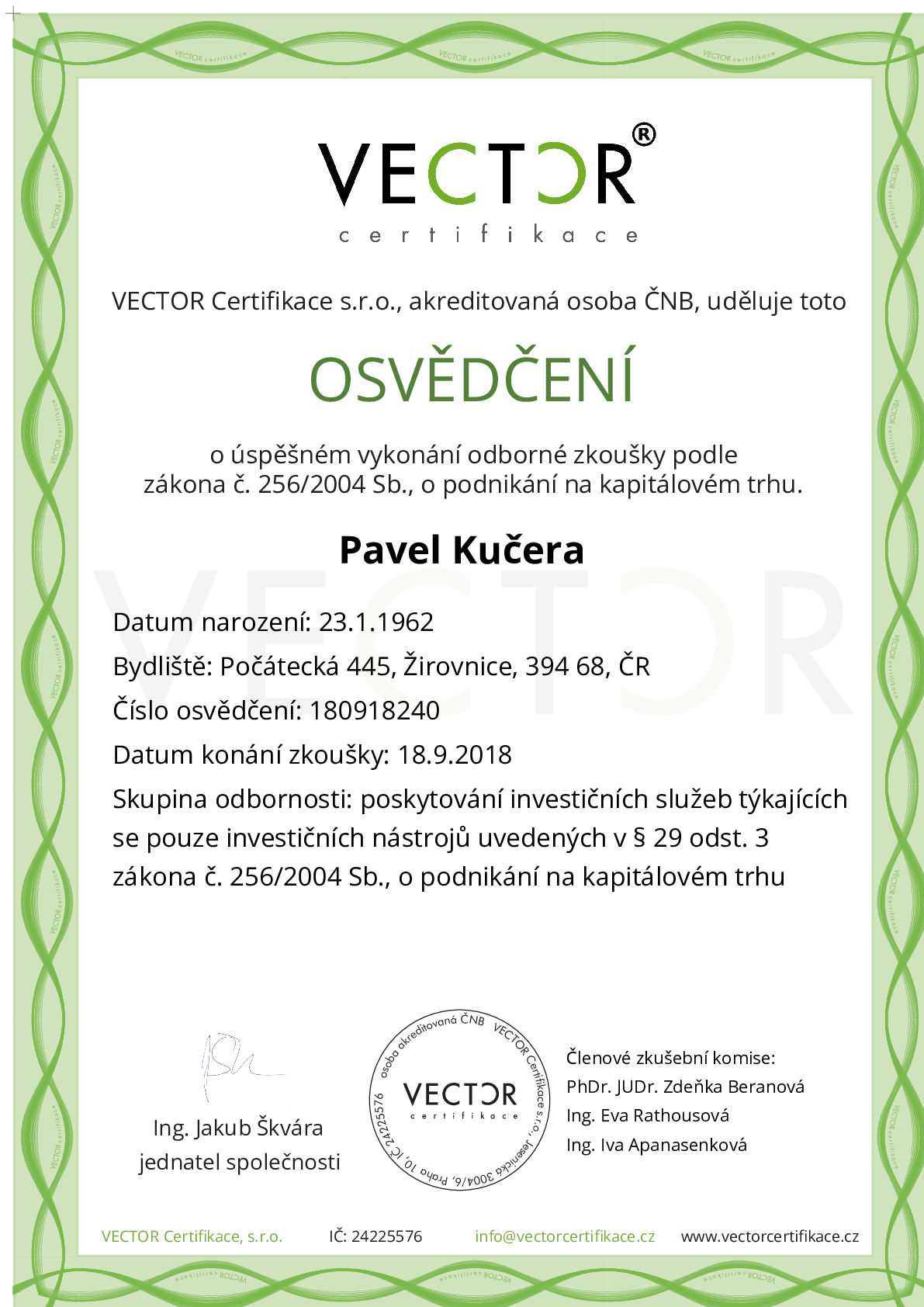 Osvědčení ze zkoušky: I. INV-ZPR - Investiční zprostředkovatel