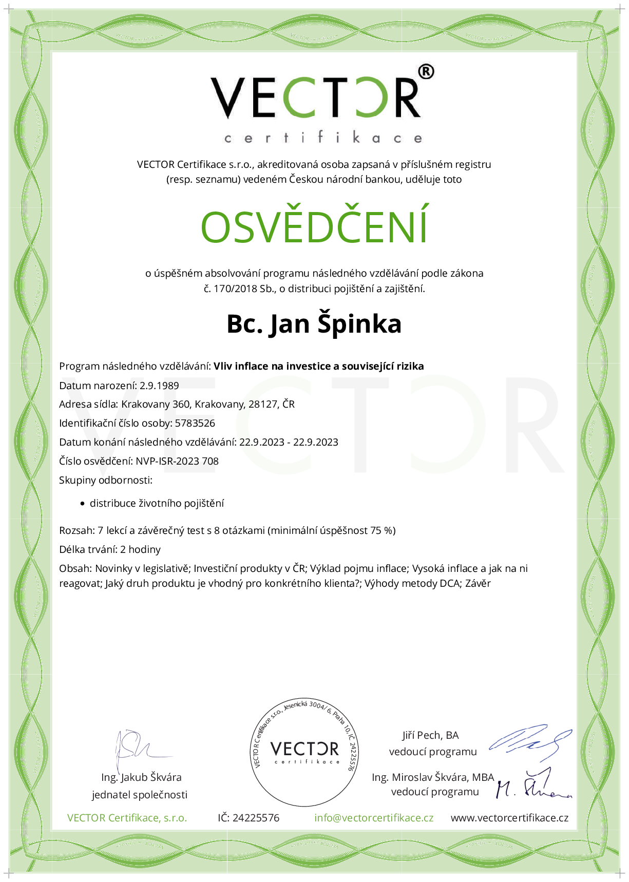 Osvědčení kurzu: Vliv inflace na investice a související rizika (NVP-ISR-2023)