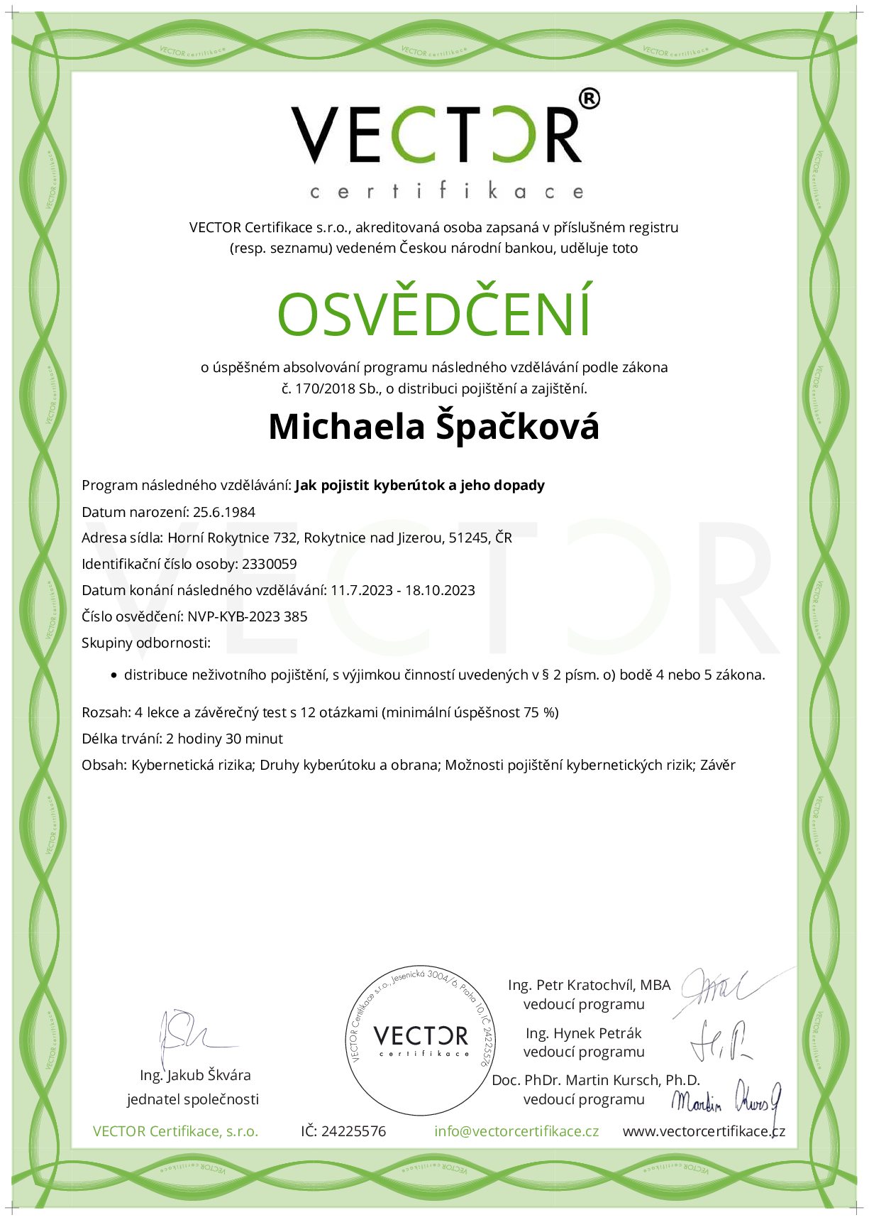 Osvědčení kurzu: Jak pojistit kyberútok a jeho dopady (NVP-KYB-2023)