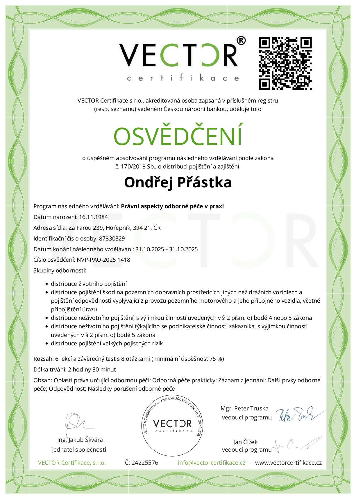 Osvědčení kurzu: Právní aspekty odborné péče v praxi (NVP-PAO-2025)