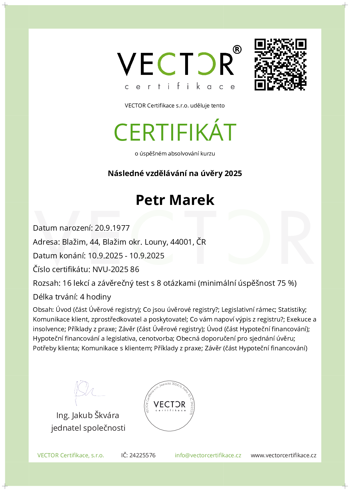 Osvědčení kurzu: Následné vzdělávání na úvěry 2025 (NVU-2025)