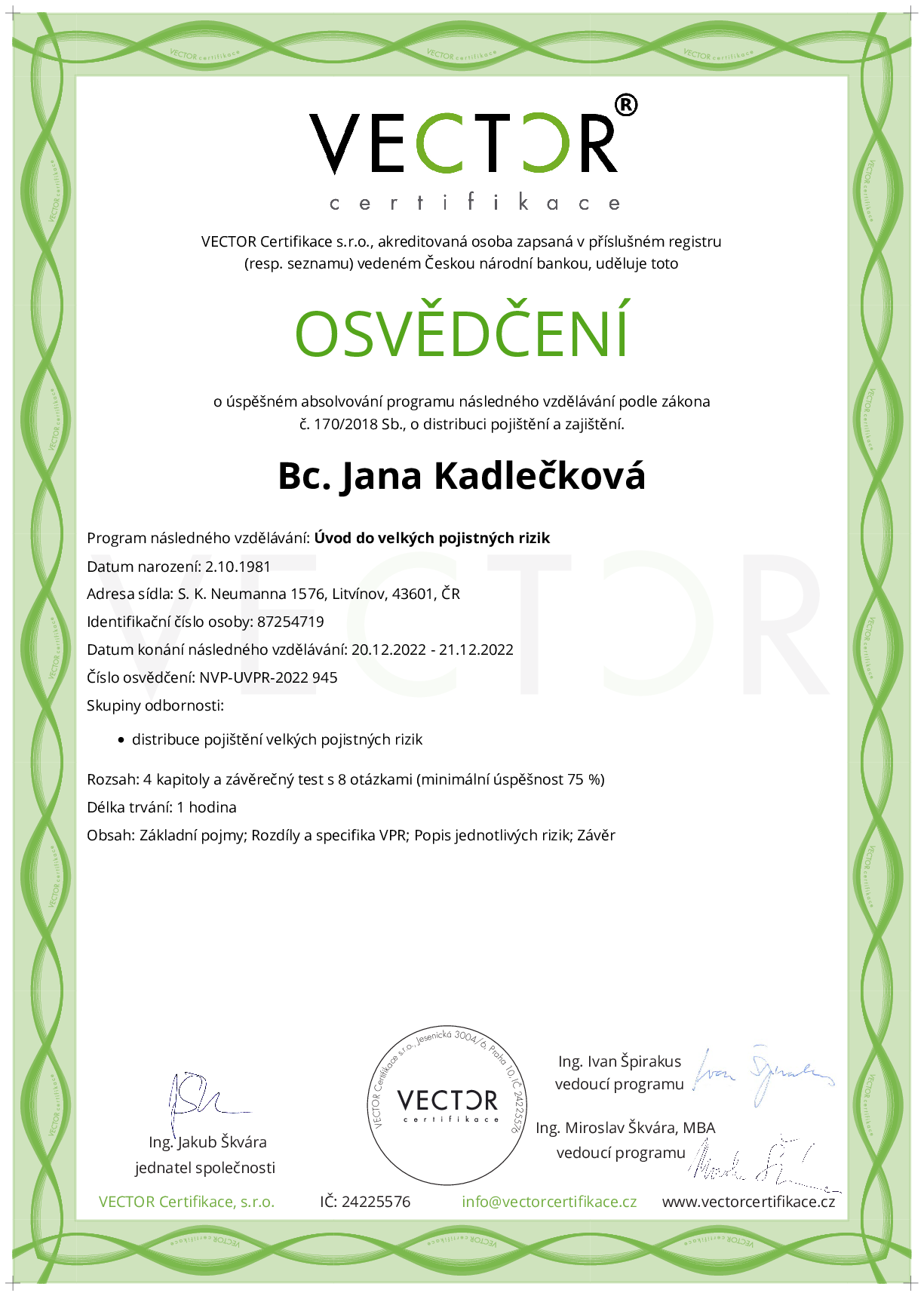 Osvědčení kurzu: Úvod do velkých pojistných rizik (NVP-UVPR-2022)