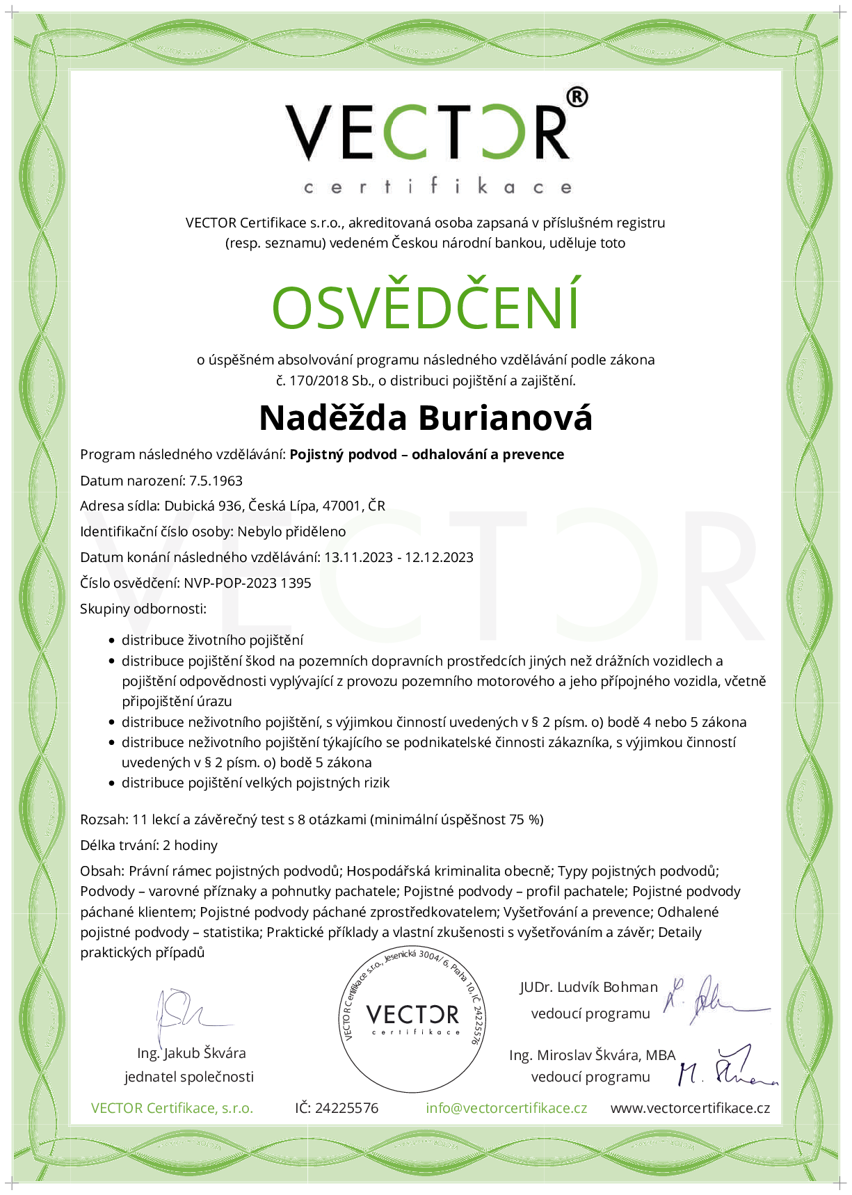 Osvědčení kurzu: Pojistný podvod – odhalování a prevence (NVP-POP-2023)