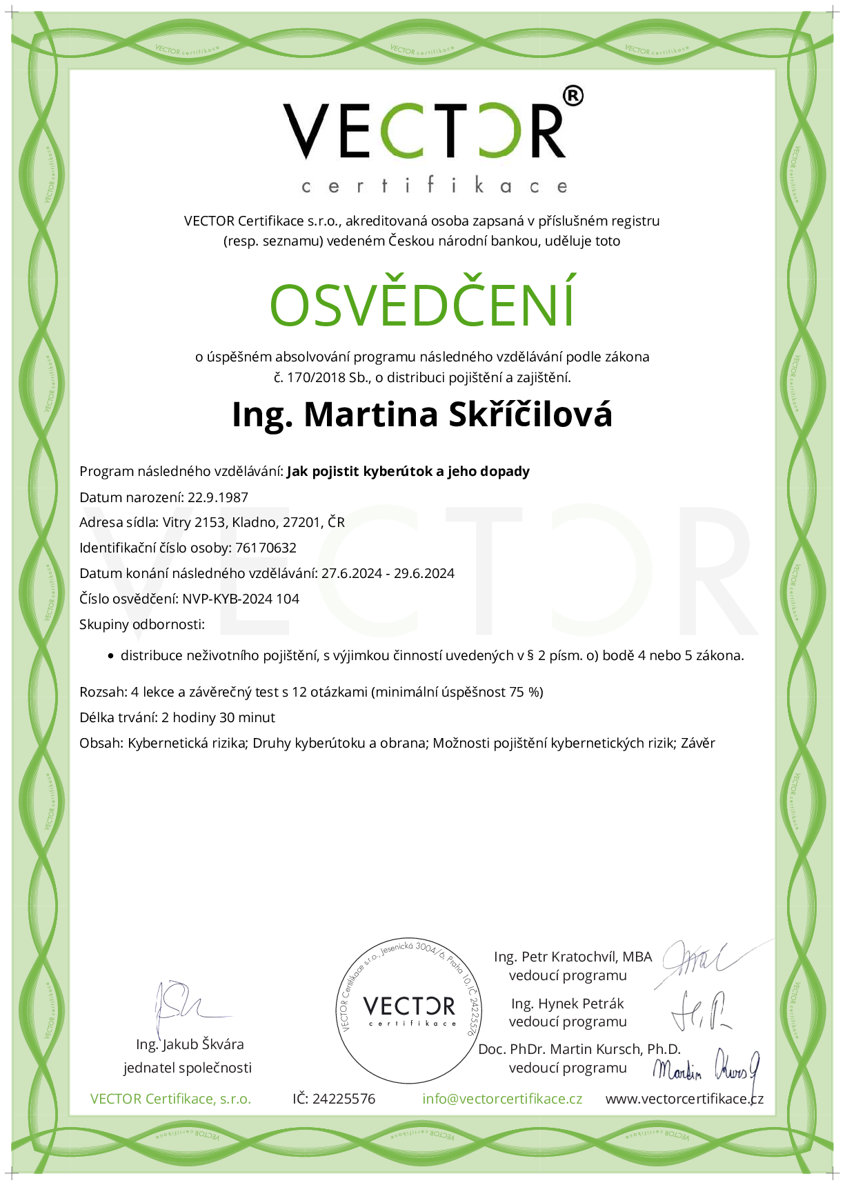 Osvědčení kurzu: Jak pojistit kyberútok a jeho dopady (NVP-KYB-2024)