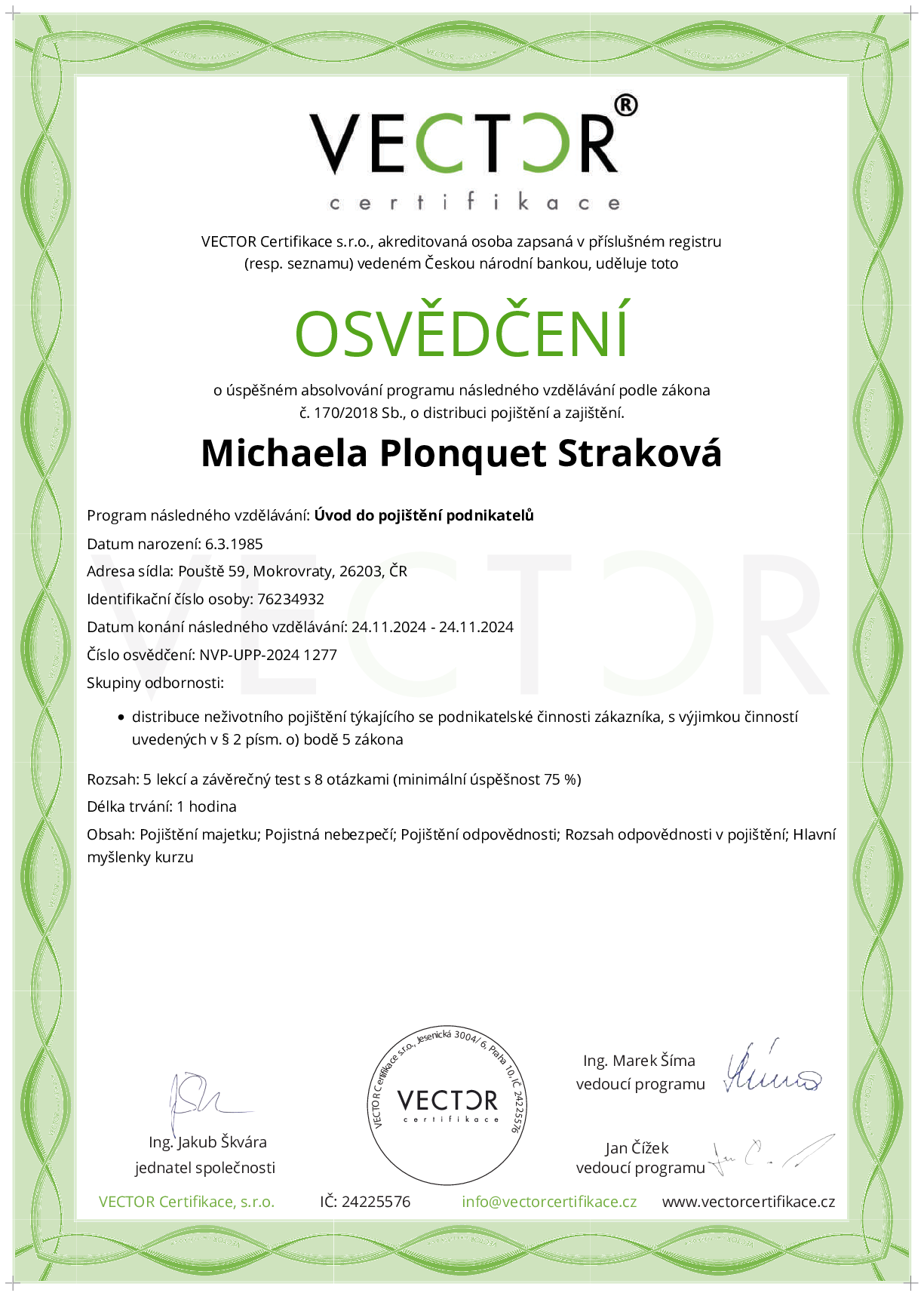 Osvědčení kurzu: Úvod do pojištění podnikatelů (NVP-UPP-2024)