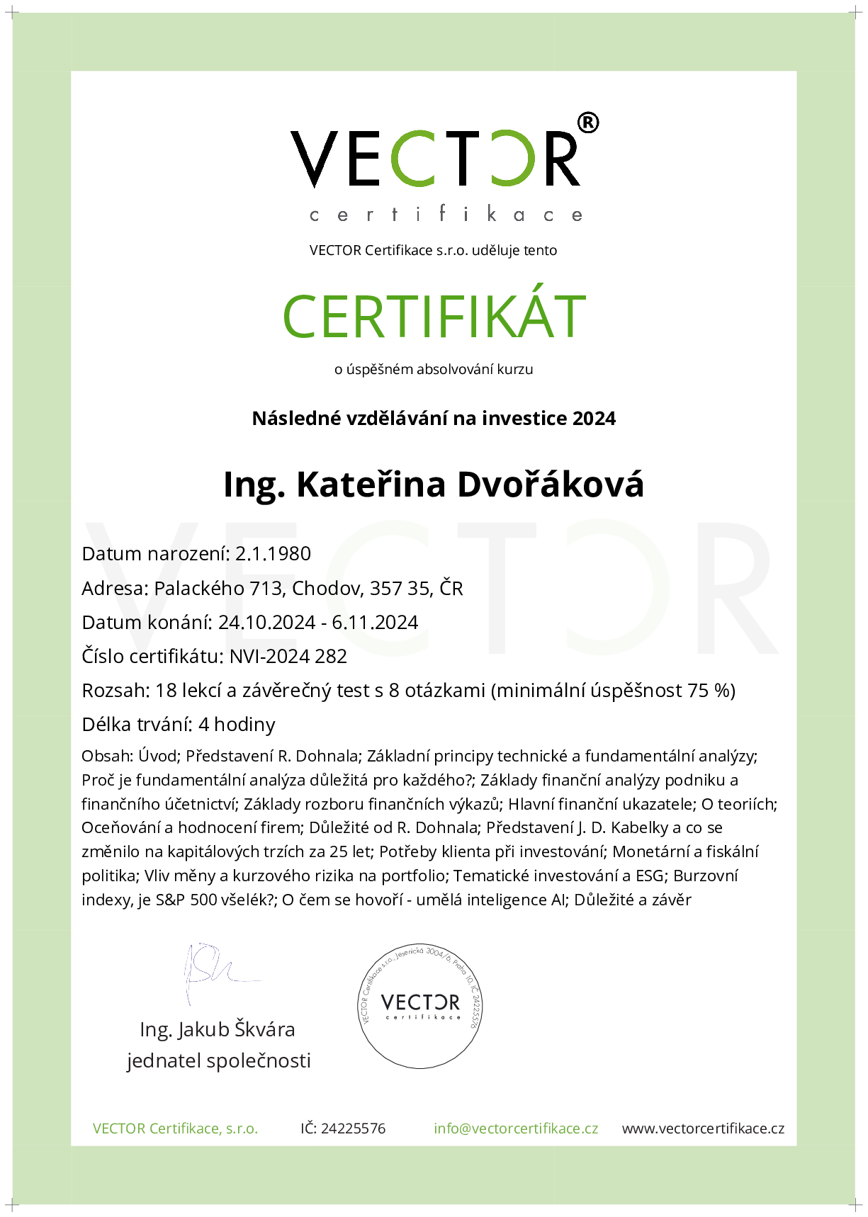 Osvědčení kurzu: Následné vzdělávání na investice 2024 (NVI-2024)