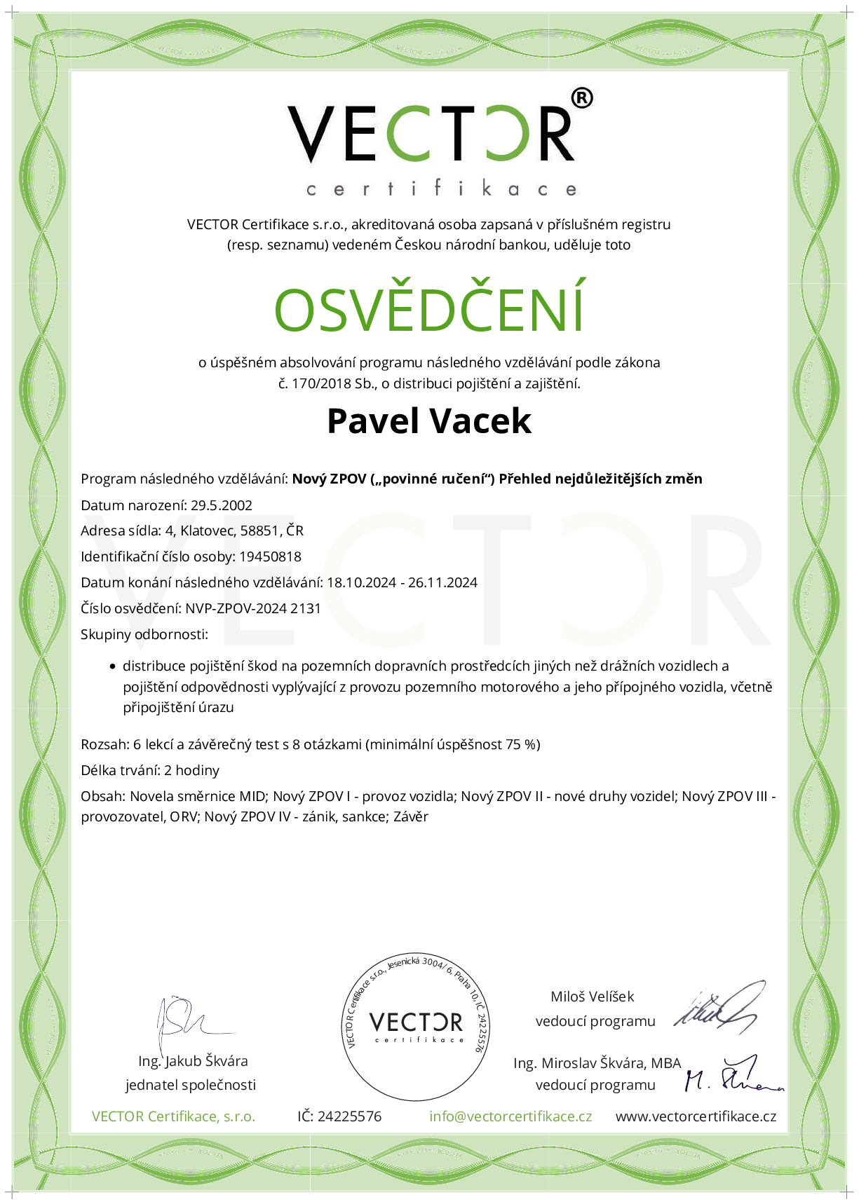 Osvědčení kurzu: Nový ZPOV („povinné ručení“) Přehled nejdůležitějších změn (NVP-ZPOV-2024)