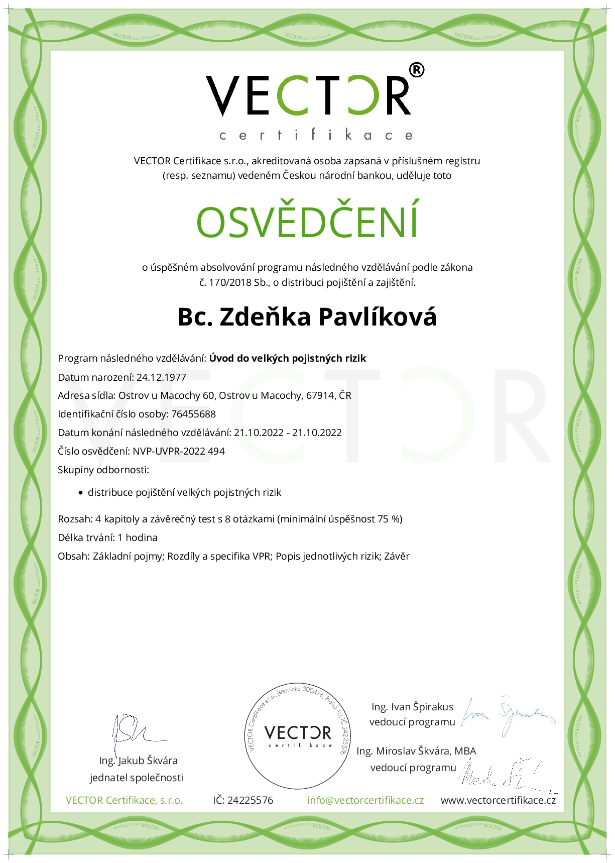 Osvědčení kurzu: Úvod do velkých pojistných rizik (NVP-UVPR-2022)