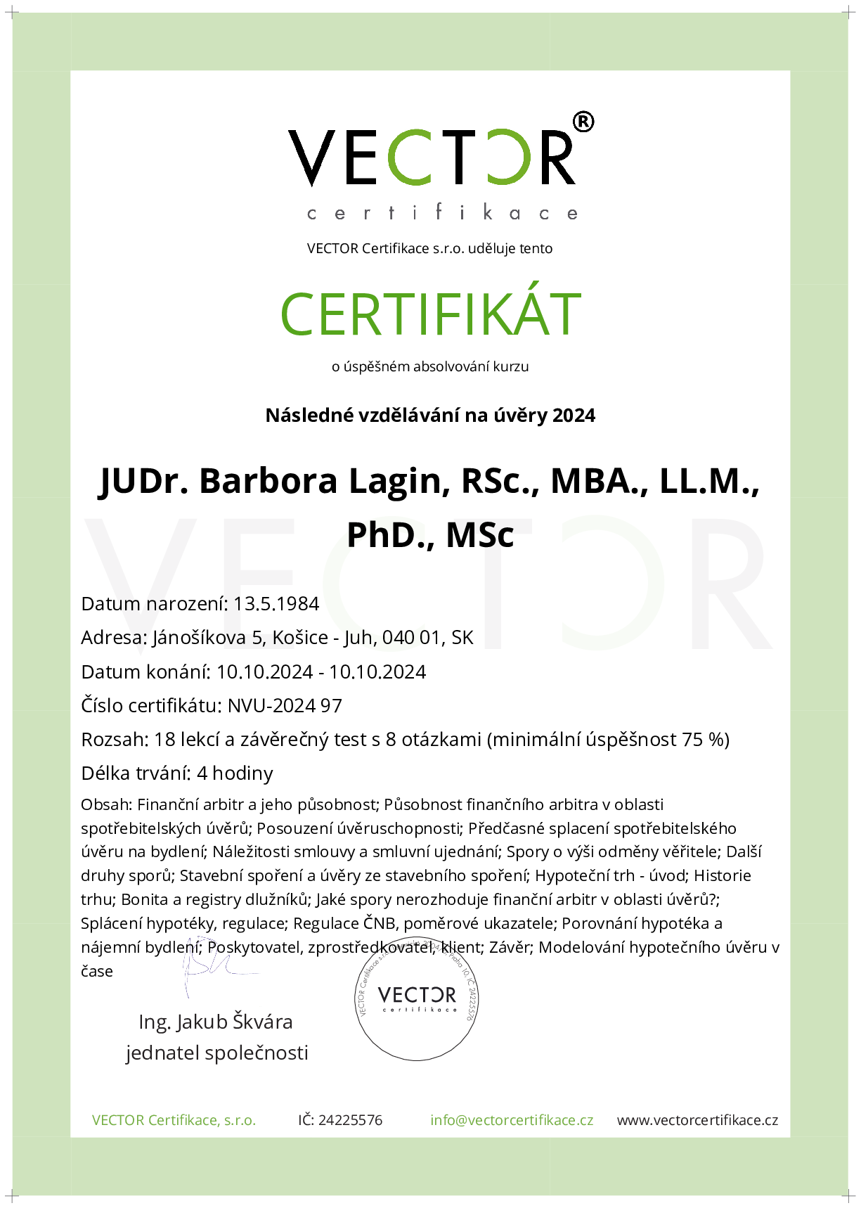 Osvědčení kurzu: Následné vzdělávání na úvěry 2024 (NVU-2024)