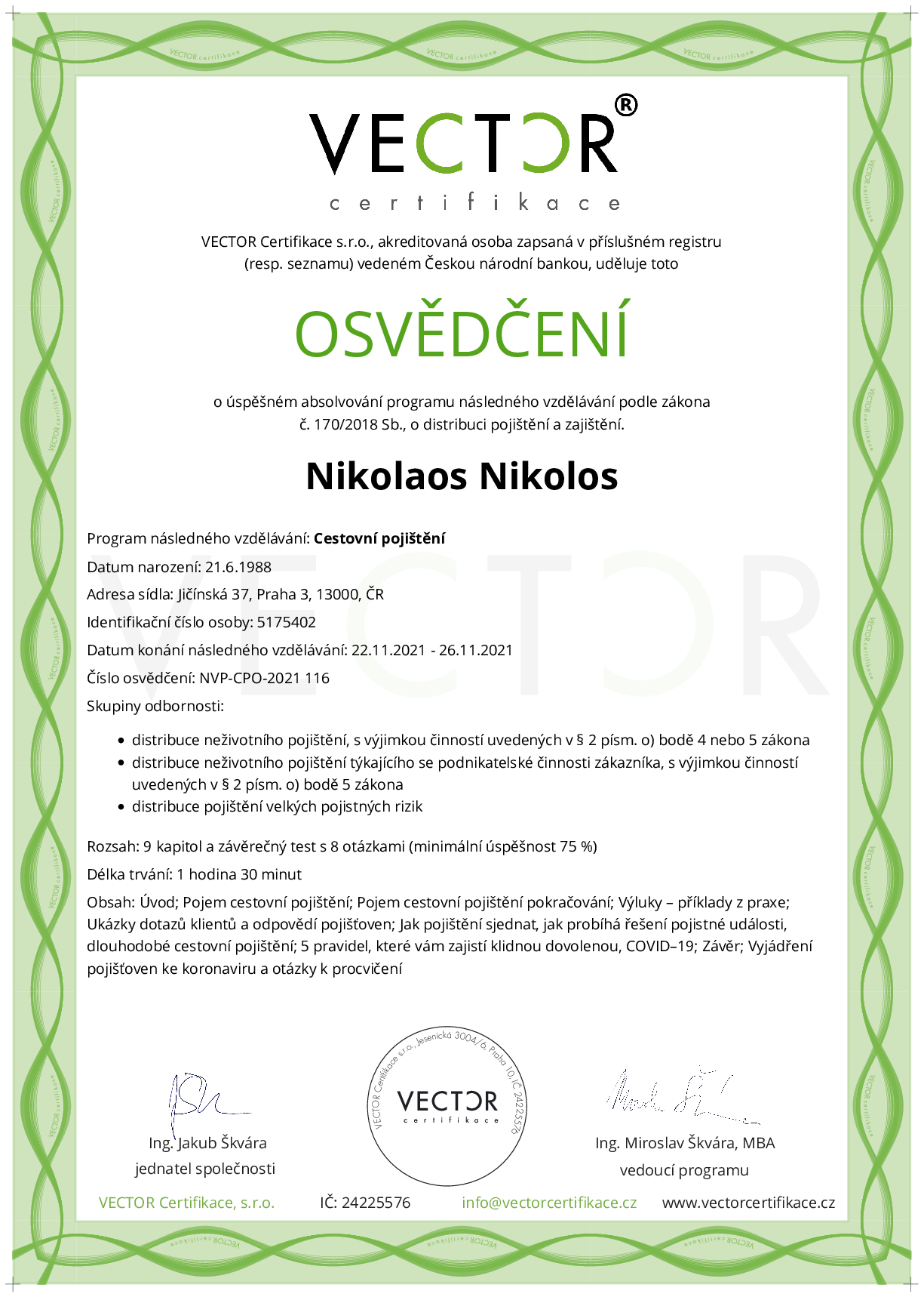 Osvědčení kurzu: Cestovní pojištění (NVP-CPO-2021)