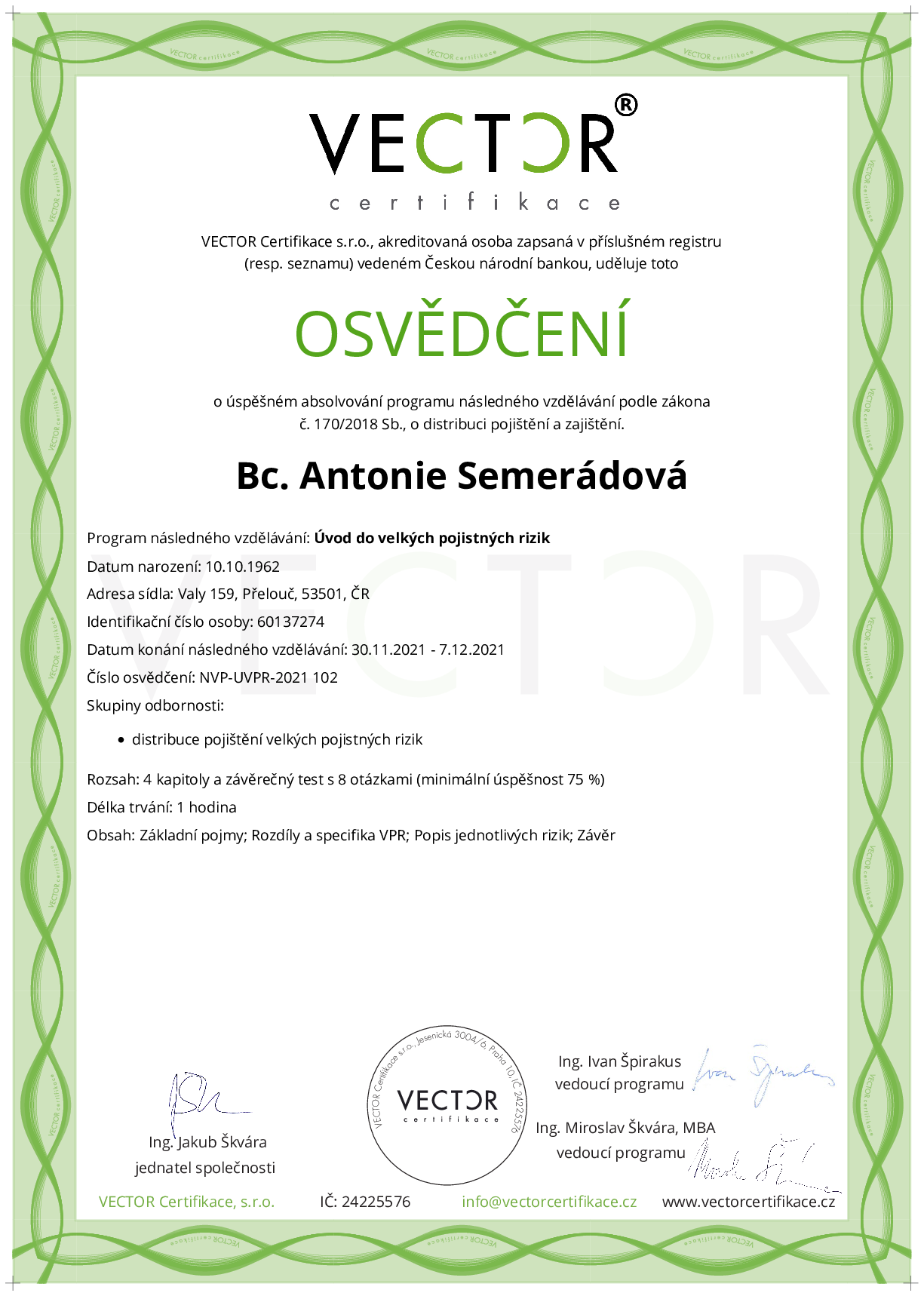 Osvědčení kurzu: Úvod do velkých pojistných rizik (NVP-UVPR-2021)