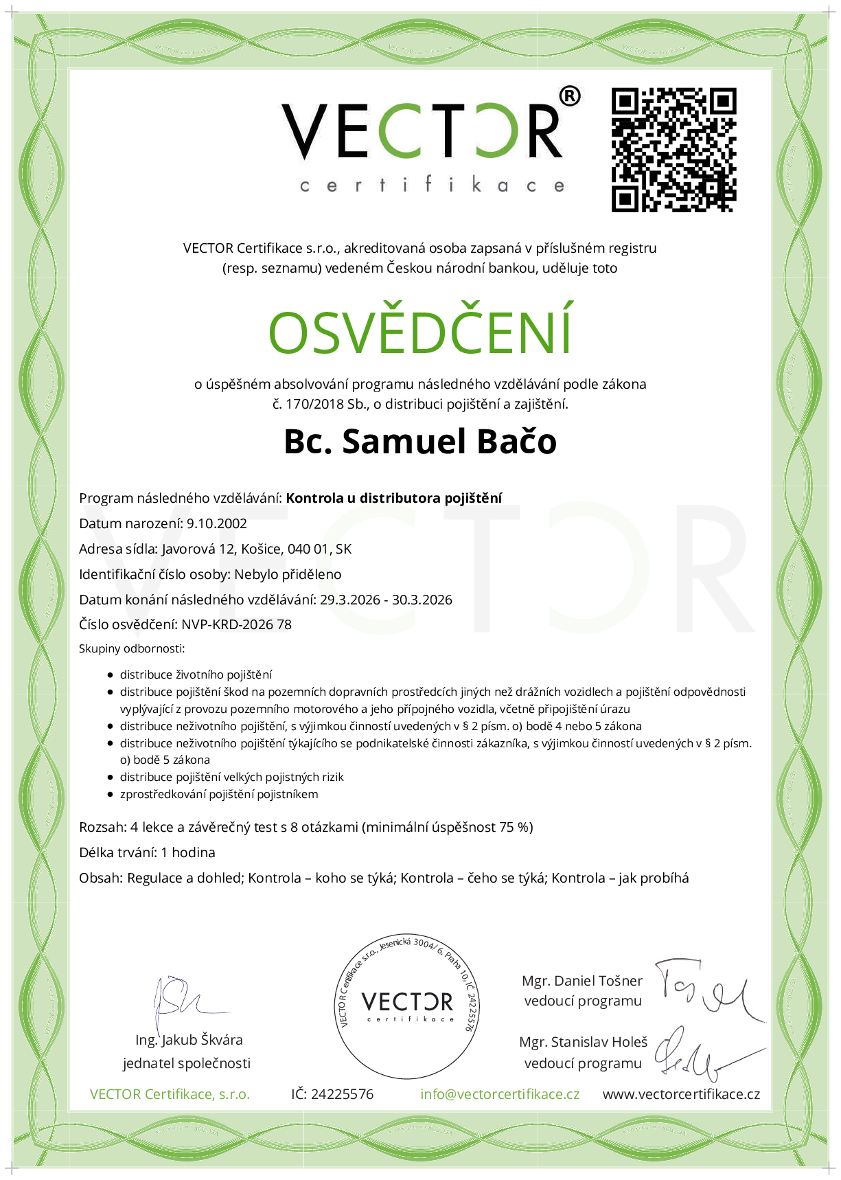 Osvědčení kurzu: Kontrola u distributora pojištění (NVP-KRD-2026)