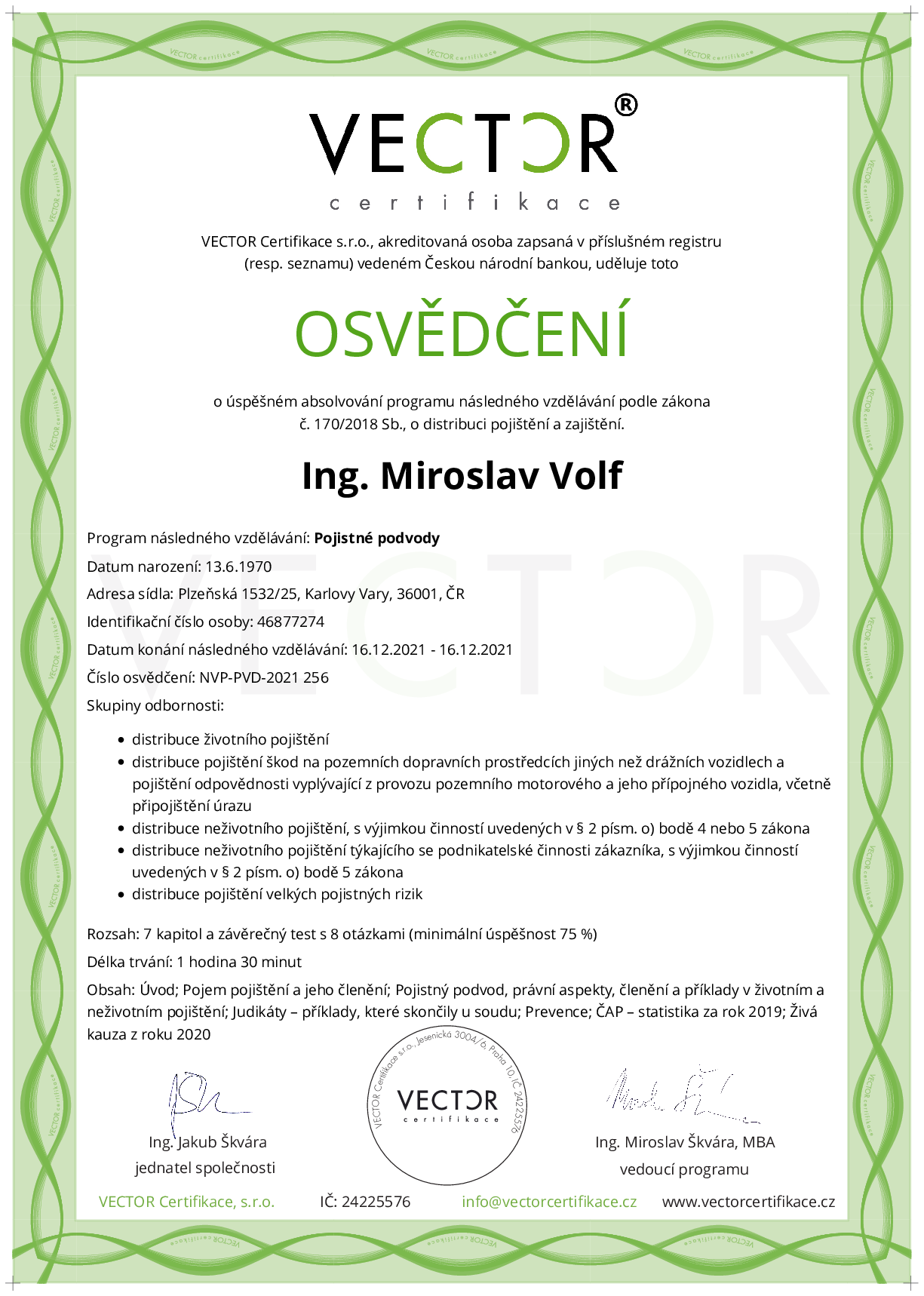 Osvědčení kurzu: Pojistné podvody (NVP-PVD-2021)