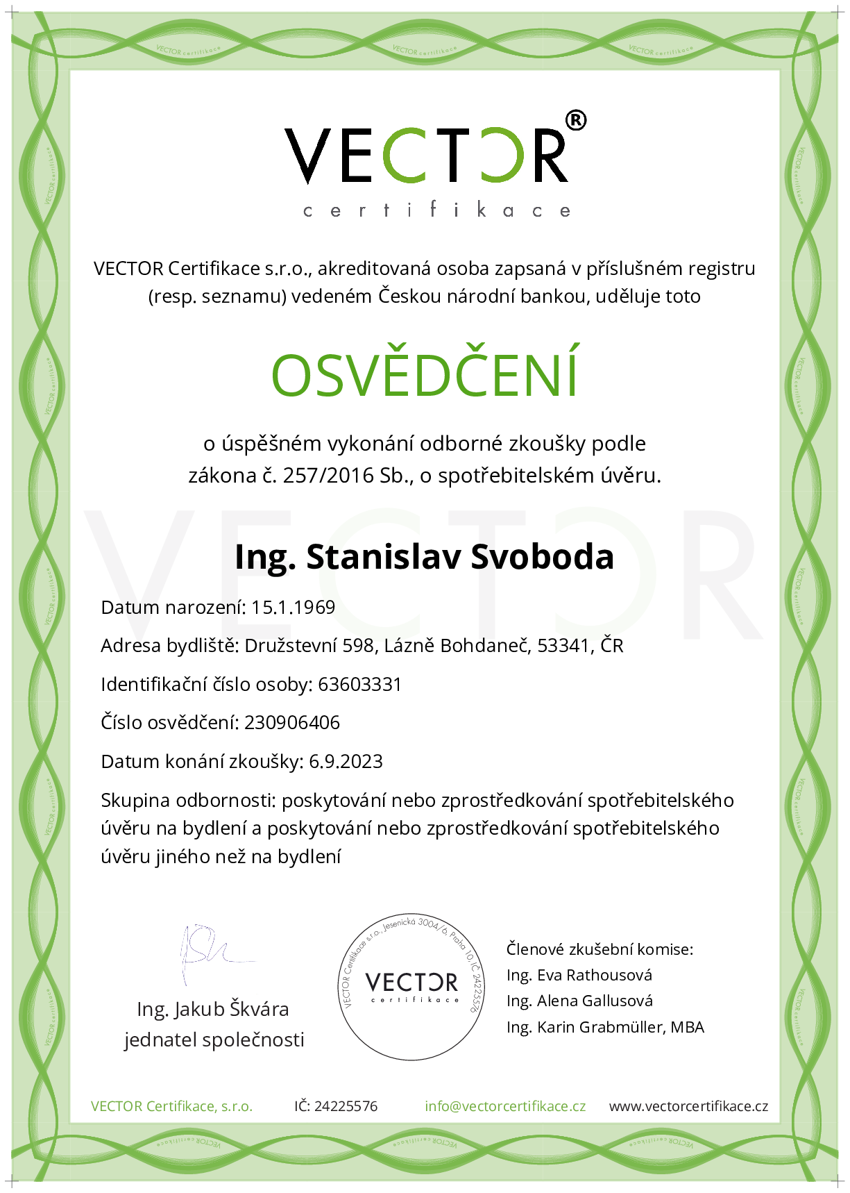 Osvědčení ze zkoušky: IV. ZSU-ABC - Souhrnná zkouška na úvěry