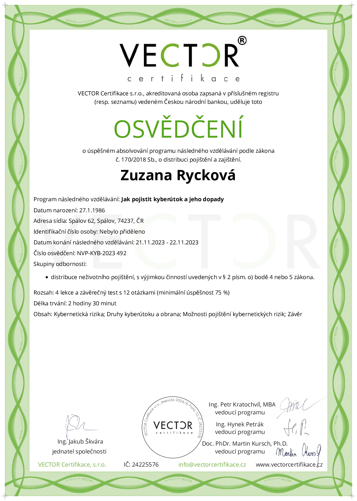 Osvědčení kurzu: Jak pojistit kyberútok a jeho dopady (NVP-KYB-2023)