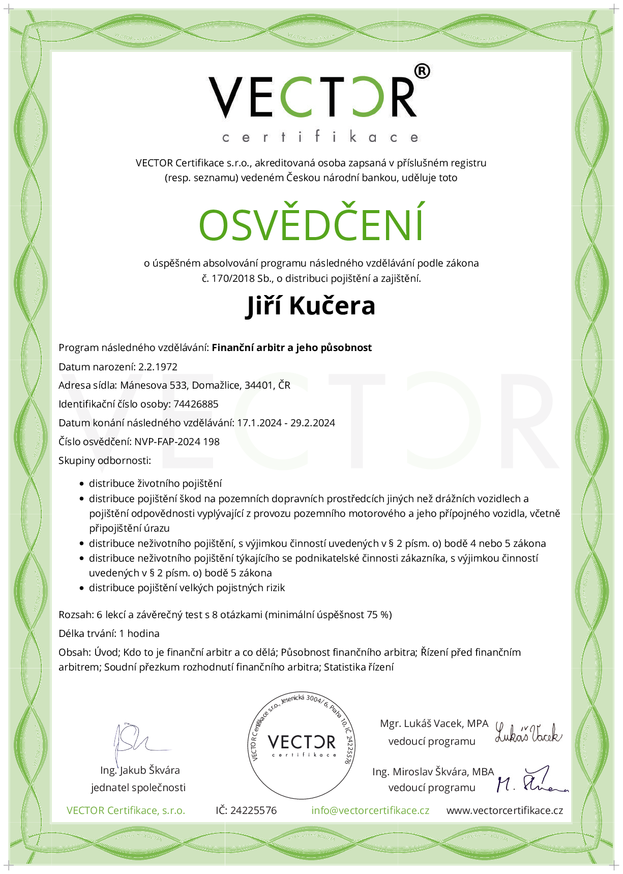 Osvědčení kurzu: Finanční arbitr a jeho působnost (NVP-FAP-2024)