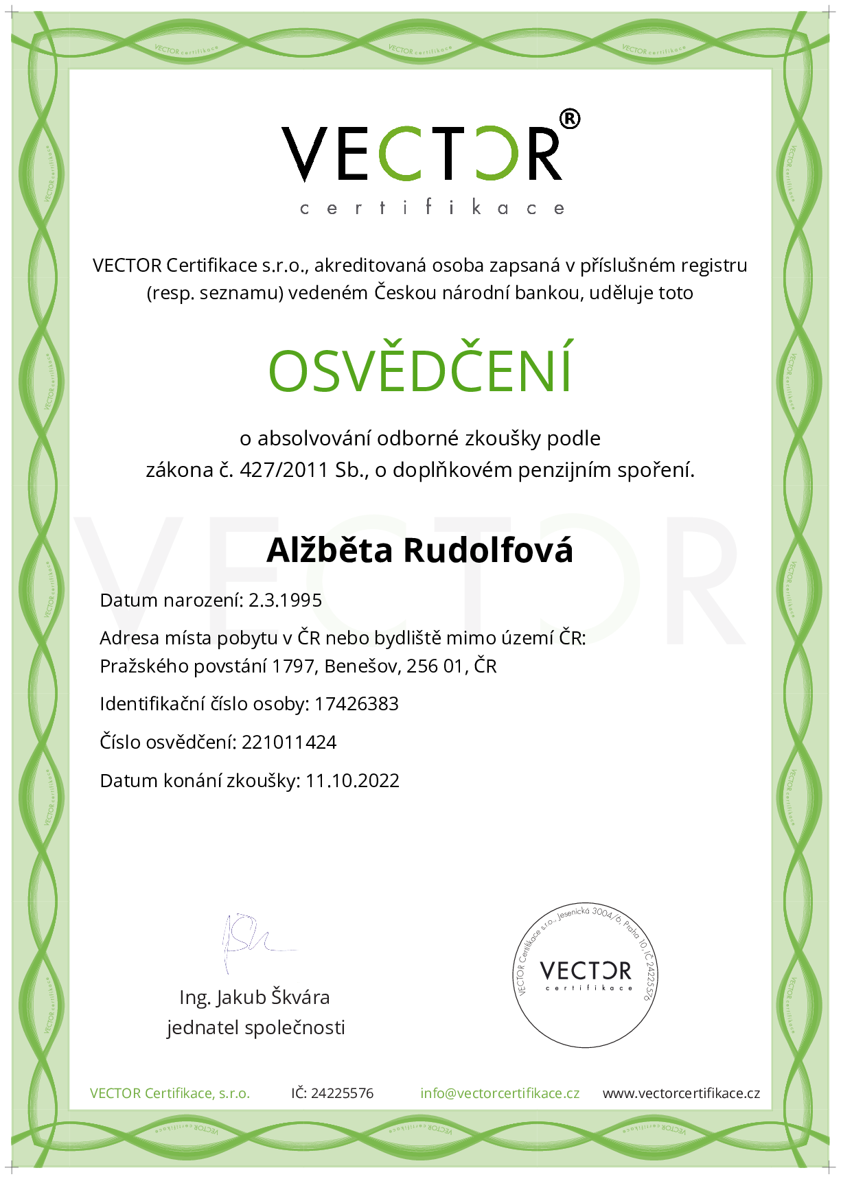 Osvědčení ze zkoušky: DPS - Doplňkové penzijní spoření