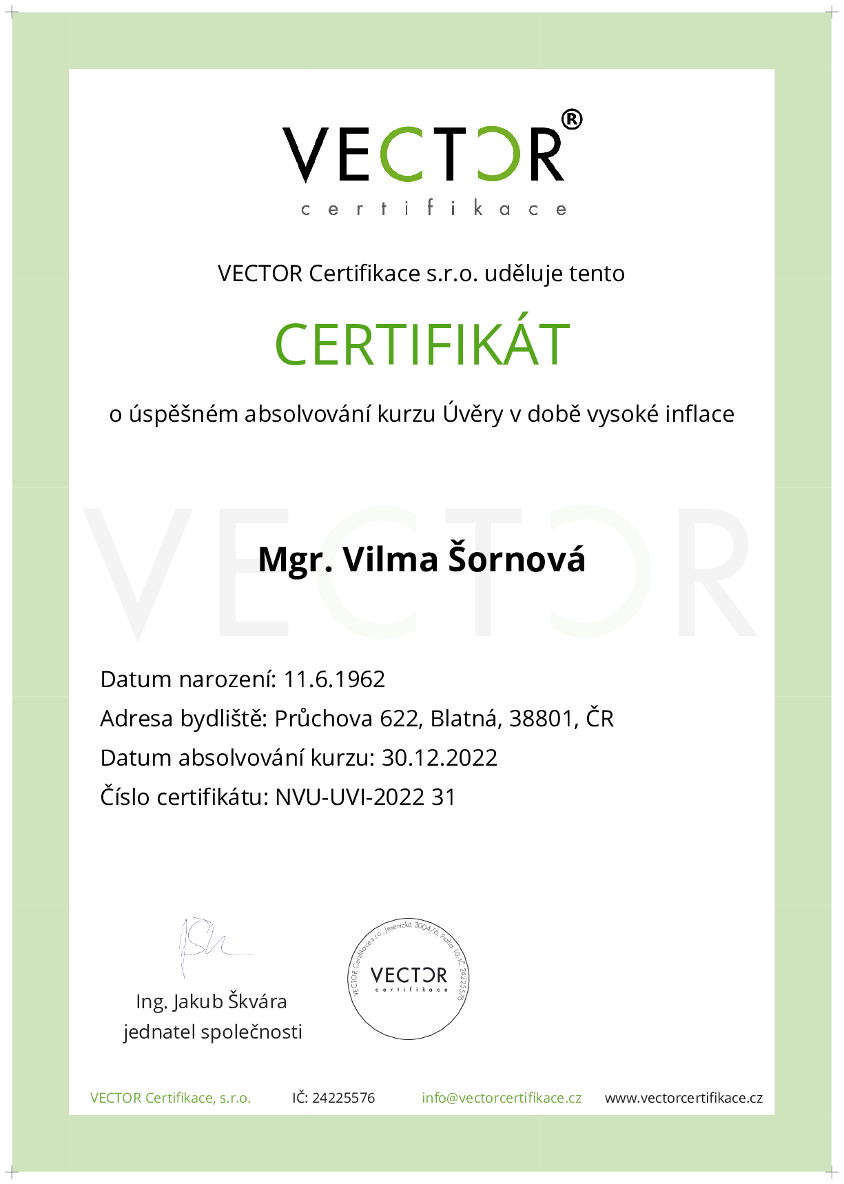 Osvědčení kurzu: Úvěry v době vysoké inflace (NVU-UVI-2022)