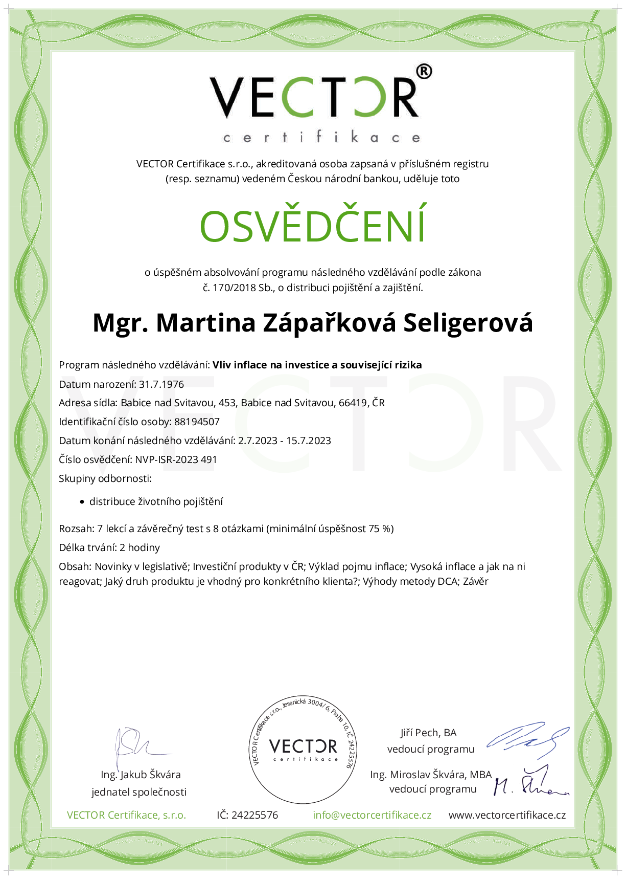 Osvědčení kurzu: Vliv inflace na investice a související rizika (NVP-ISR-2023)