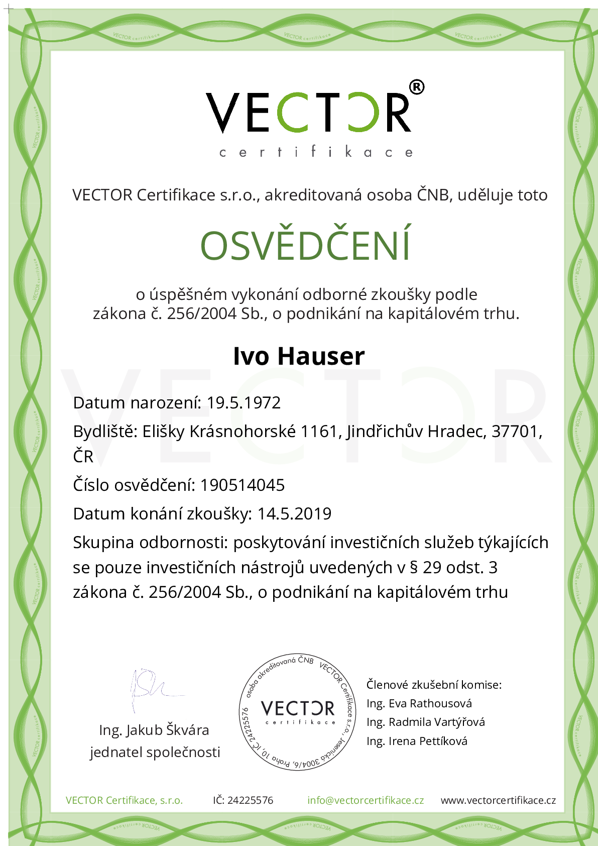 Osvědčení ze zkoušky: I. INV-ZPR - Investiční zprostředkovatel