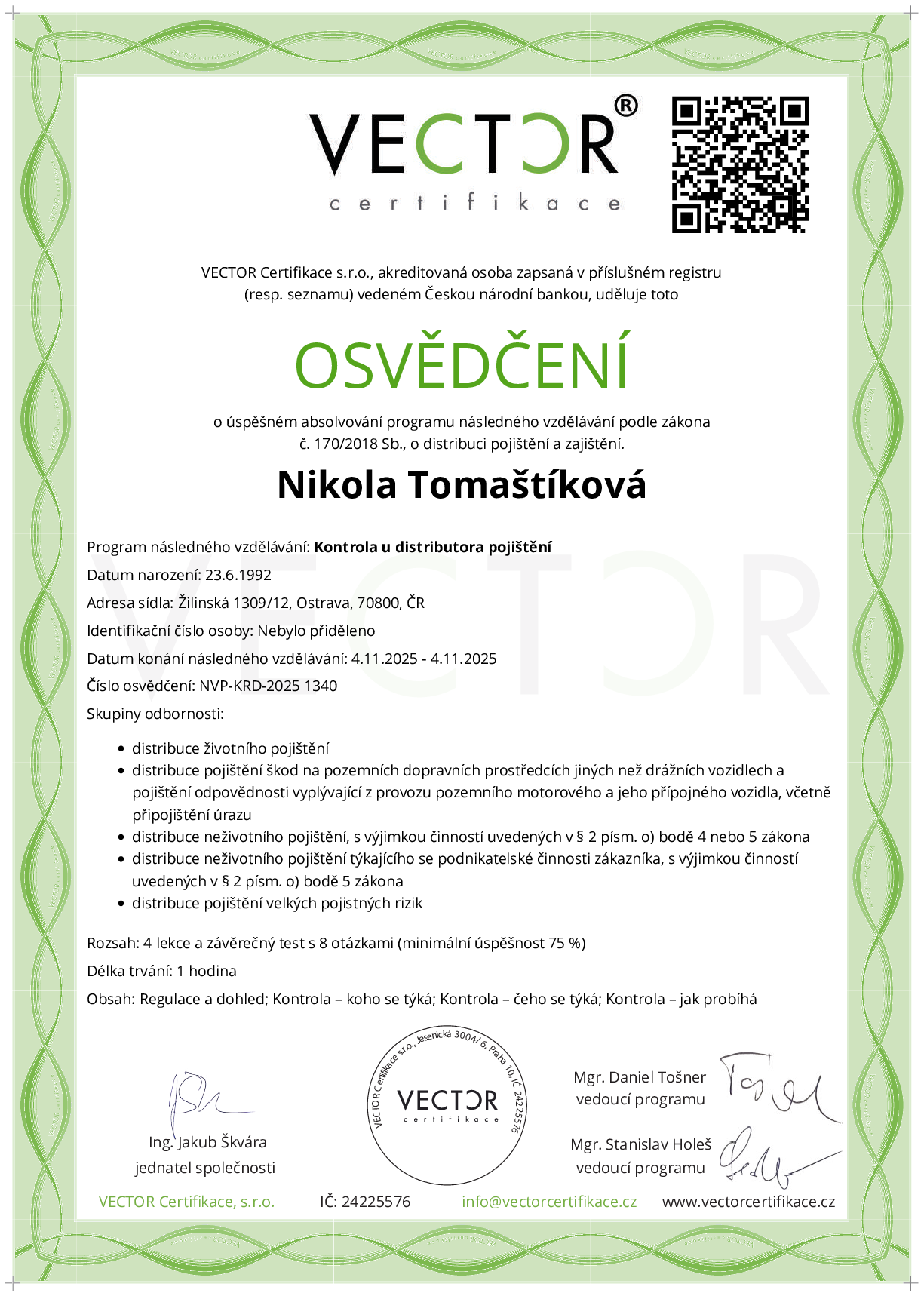 Osvědčení kurzu: Kontrola u distributora pojištění (NVP-KRD-2025)