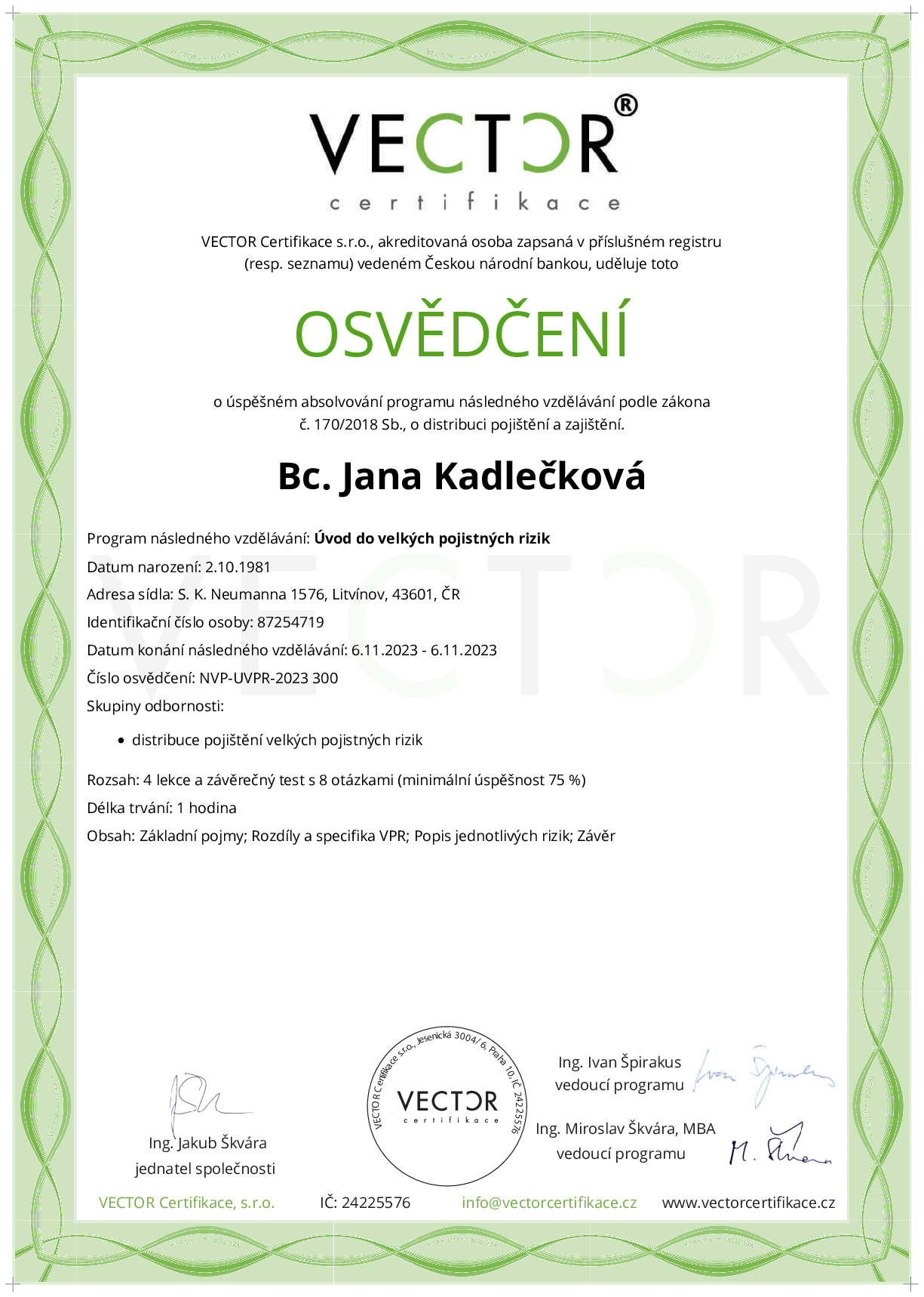 Osvědčení kurzu: Úvod do velkých pojistných rizik (NVP-UVPR-2023)