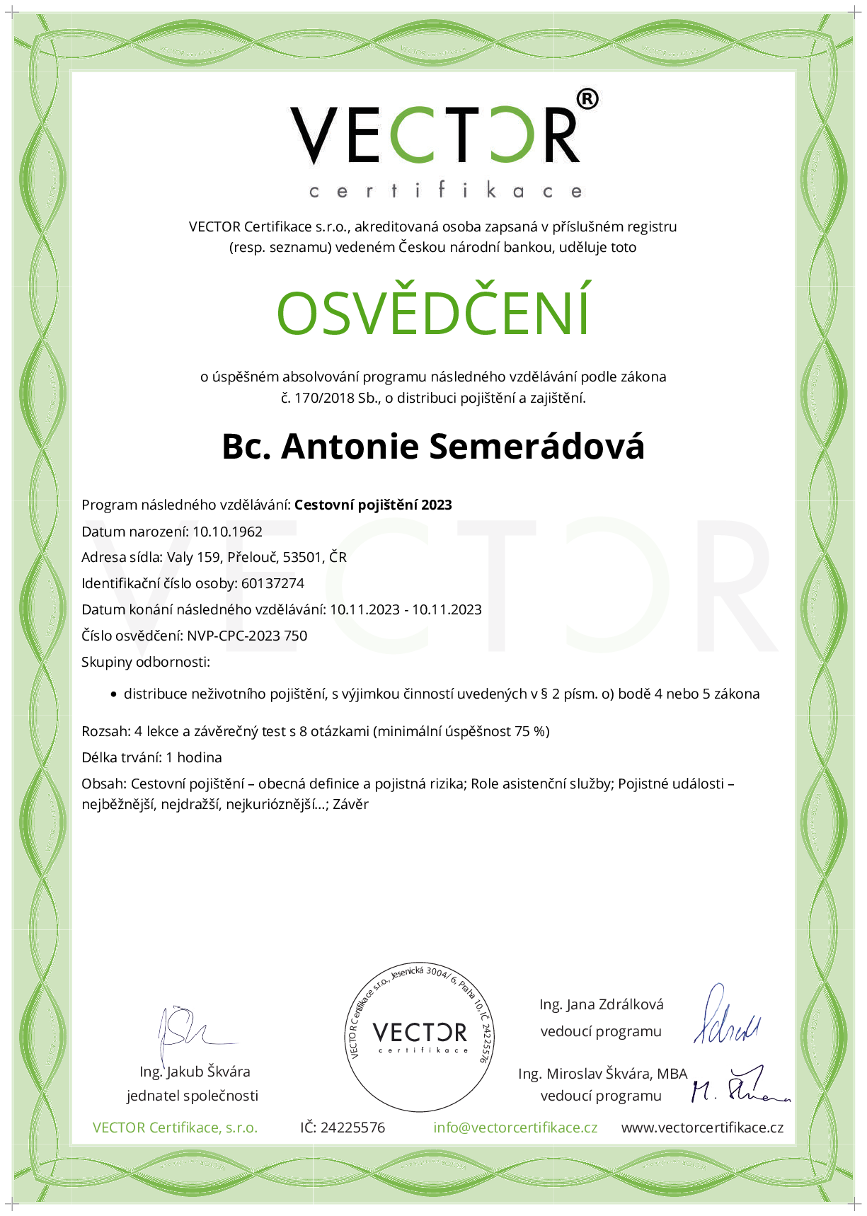 Osvědčení kurzu: Cestovní pojištění 2023 (NVP-CPC-2023)