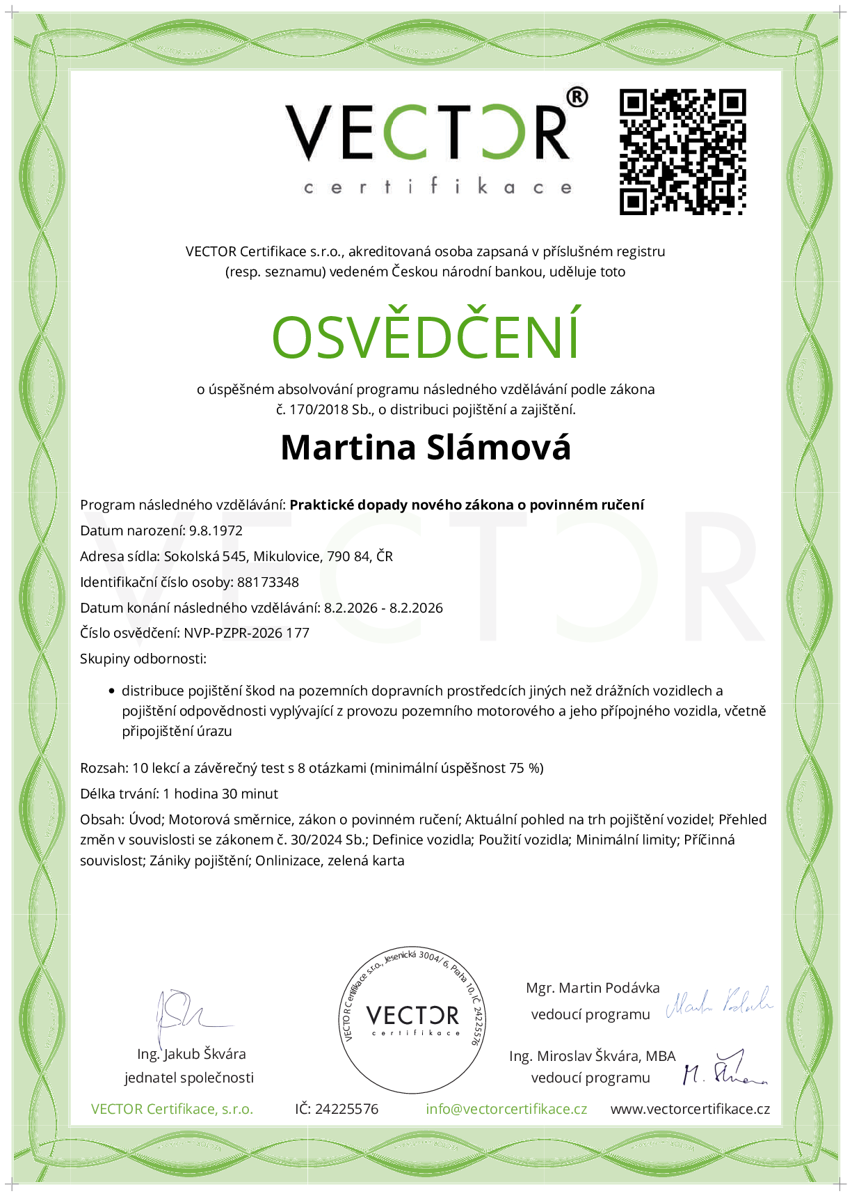 Osvědčení kurzu: Praktické dopady nového zákona o povinném ručení (NVP-PZPR-2026)